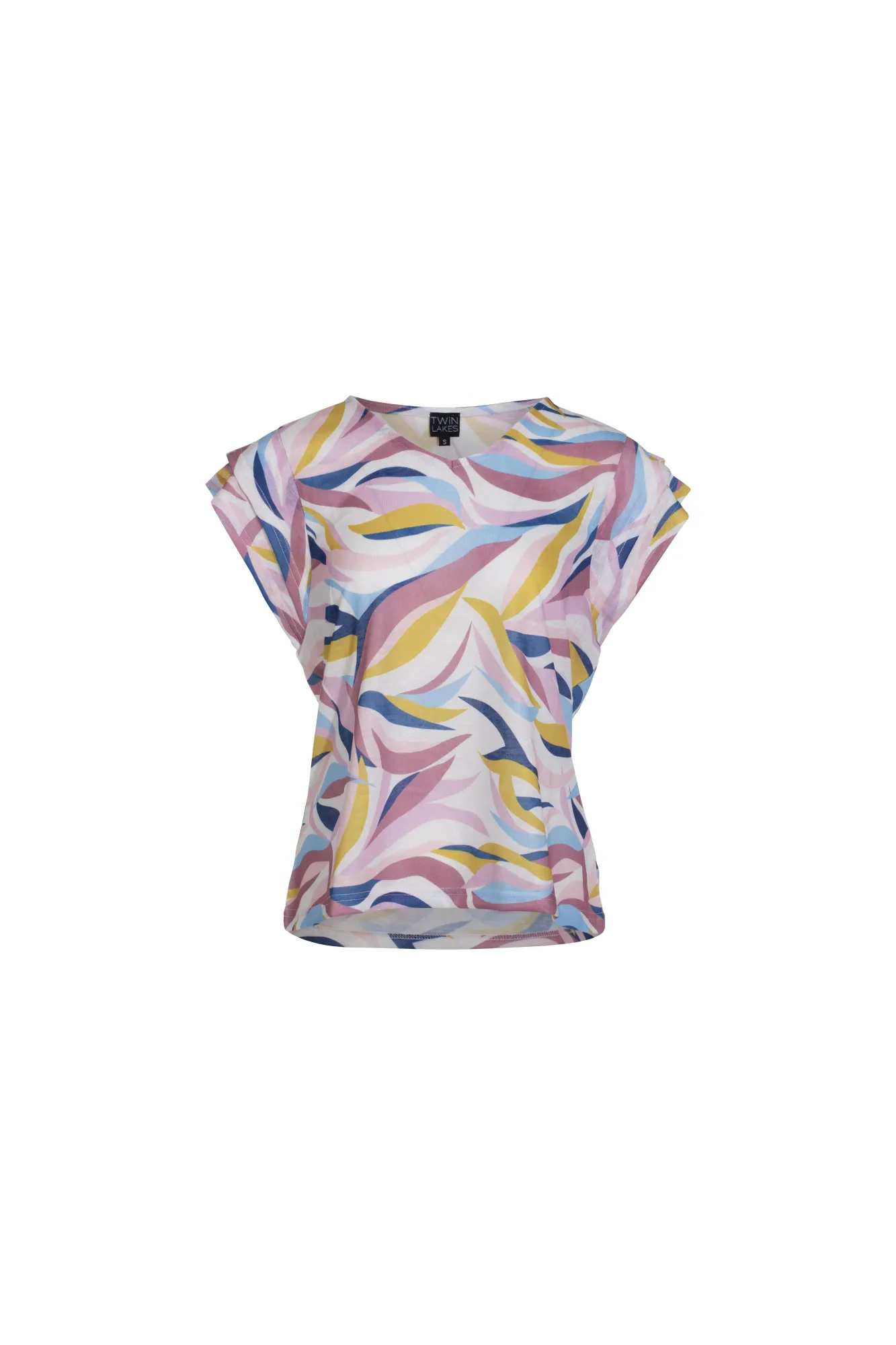 V neck Top with flutter sleeve | Pink Blue Waves | 6809AR Frost Glow