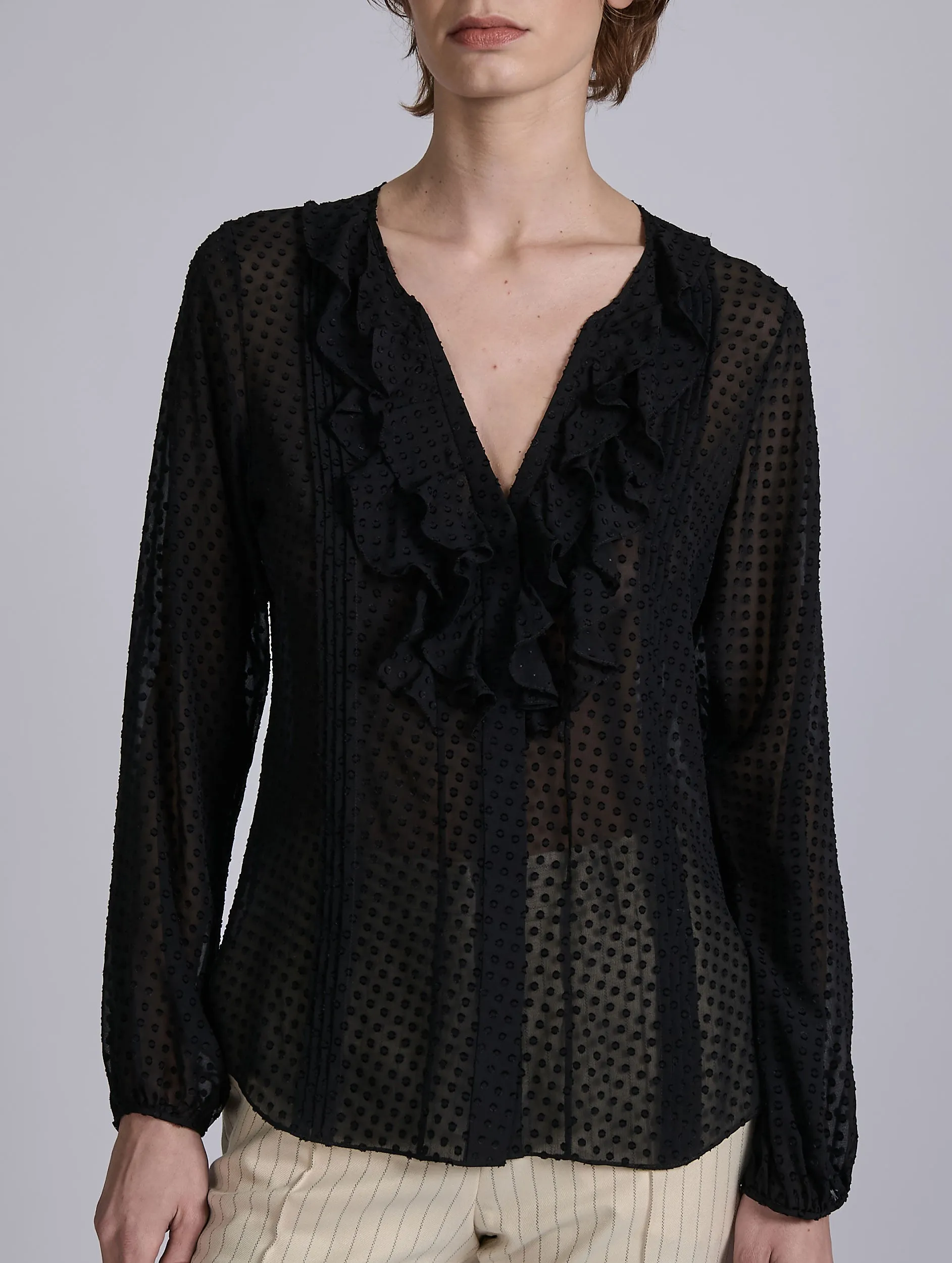 Black ruffled blouse in jacquard plumetis Chic Outfit Comfortable Weave