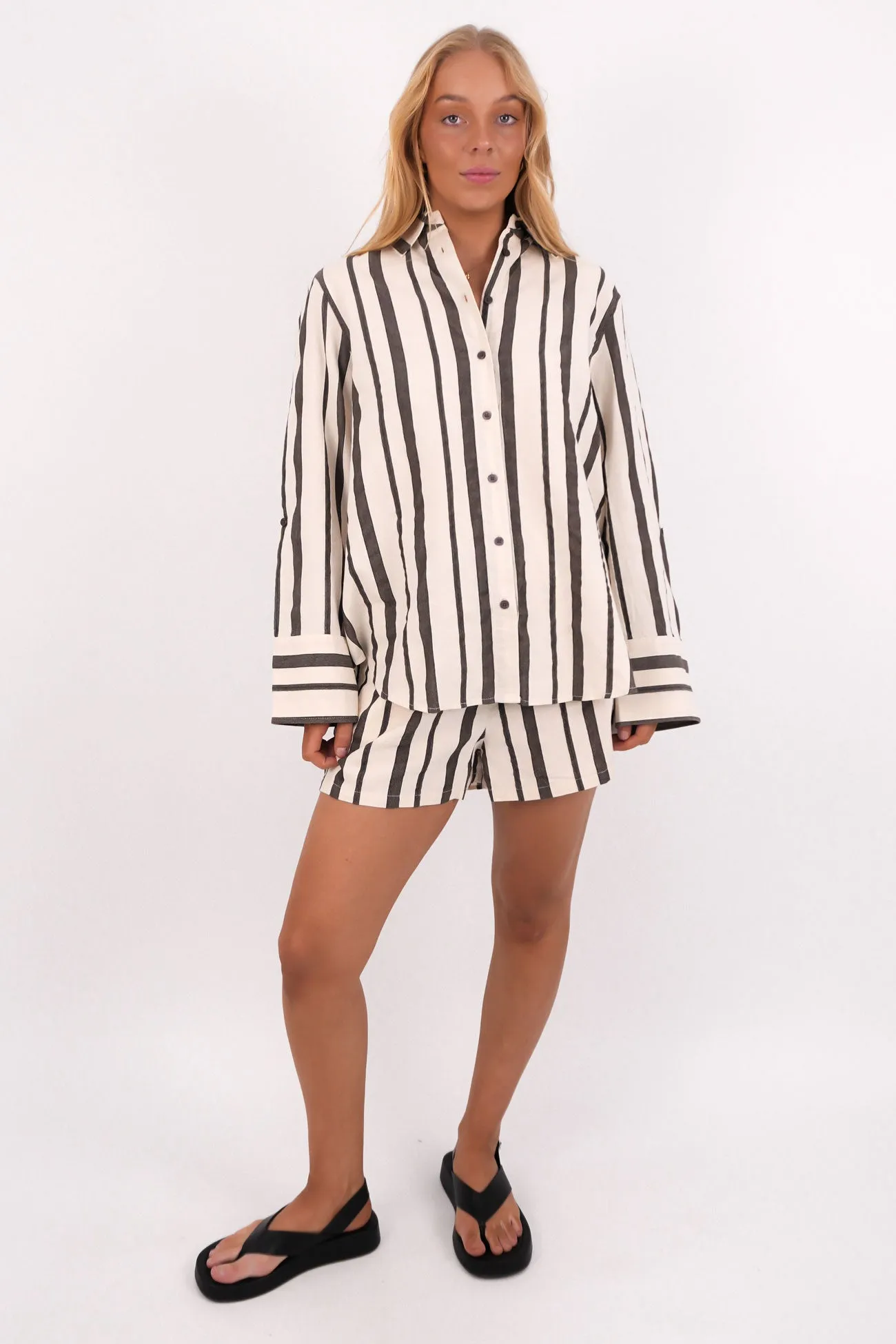 Dimensional Stability Weave Rosa Stripe Shirt Brown