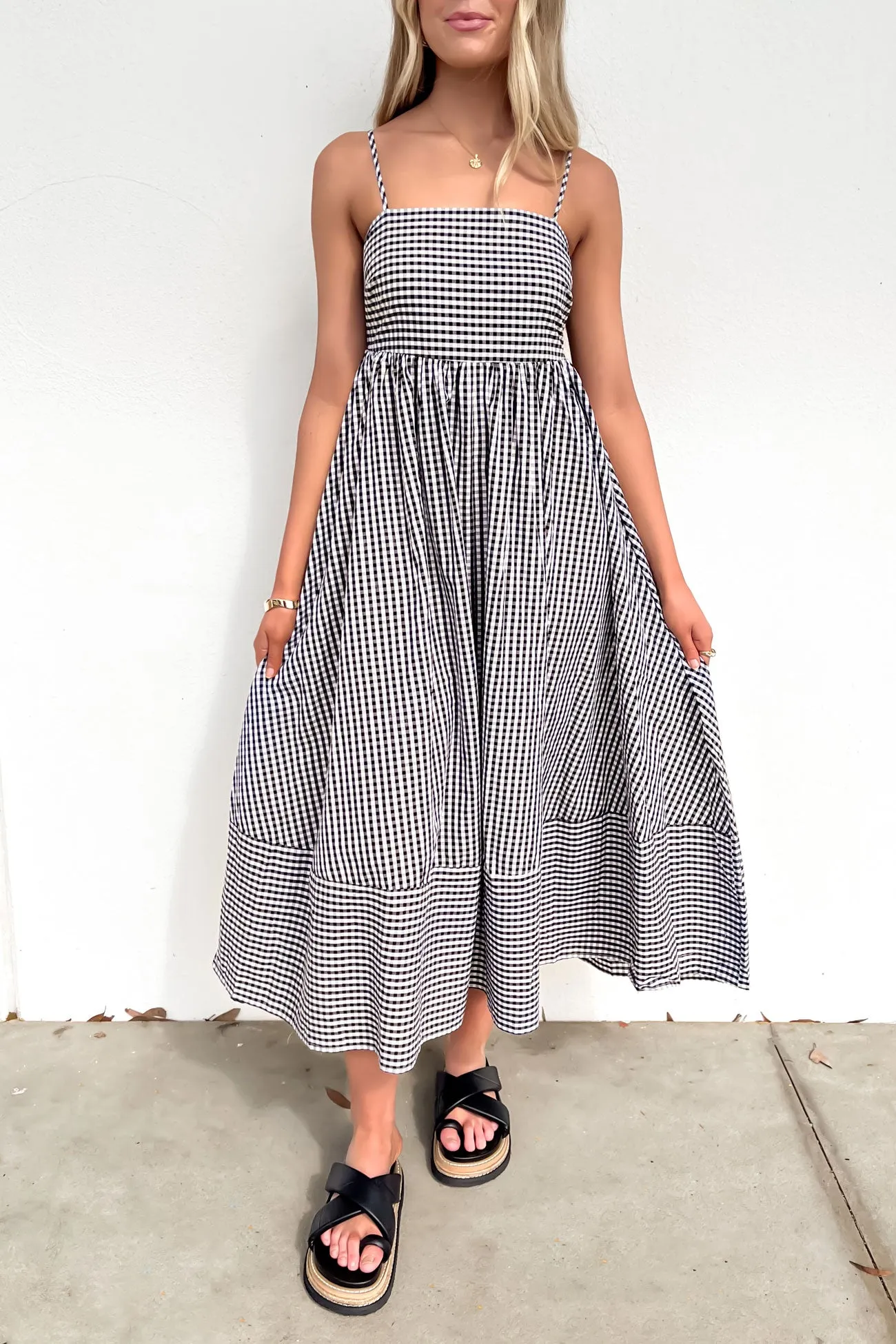 Seasonal Comfort Neutral Aesthetic Indie Midi Dress Black Check