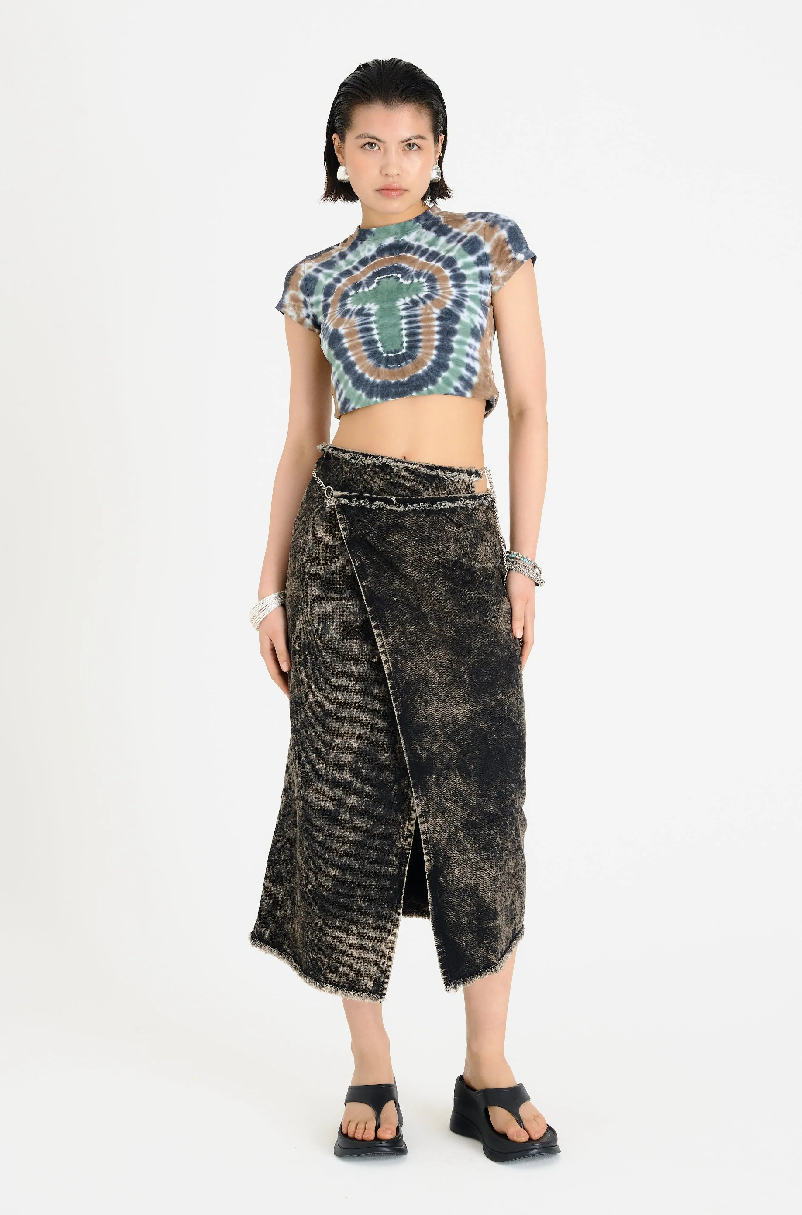 Outfit Combo Tassel accents Rune Denim Maxi Skirt