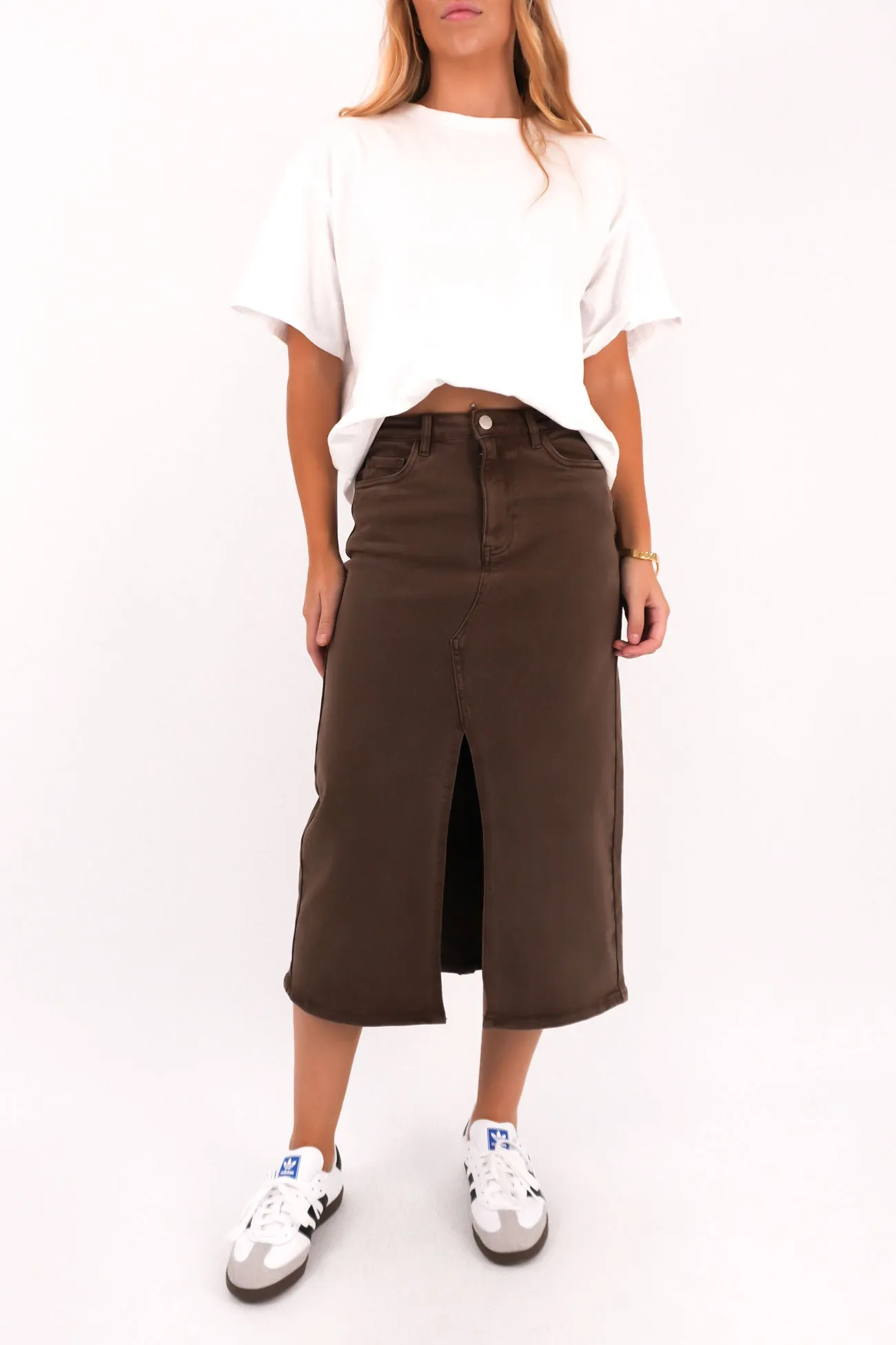 Travel Vibes Dance Practice Scout Midi Skirt Chocolate