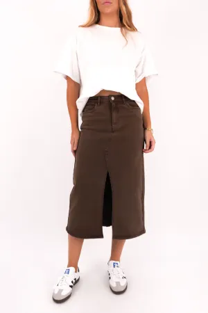 Travel Vibes Dance Practice Scout Midi Skirt Chocolate