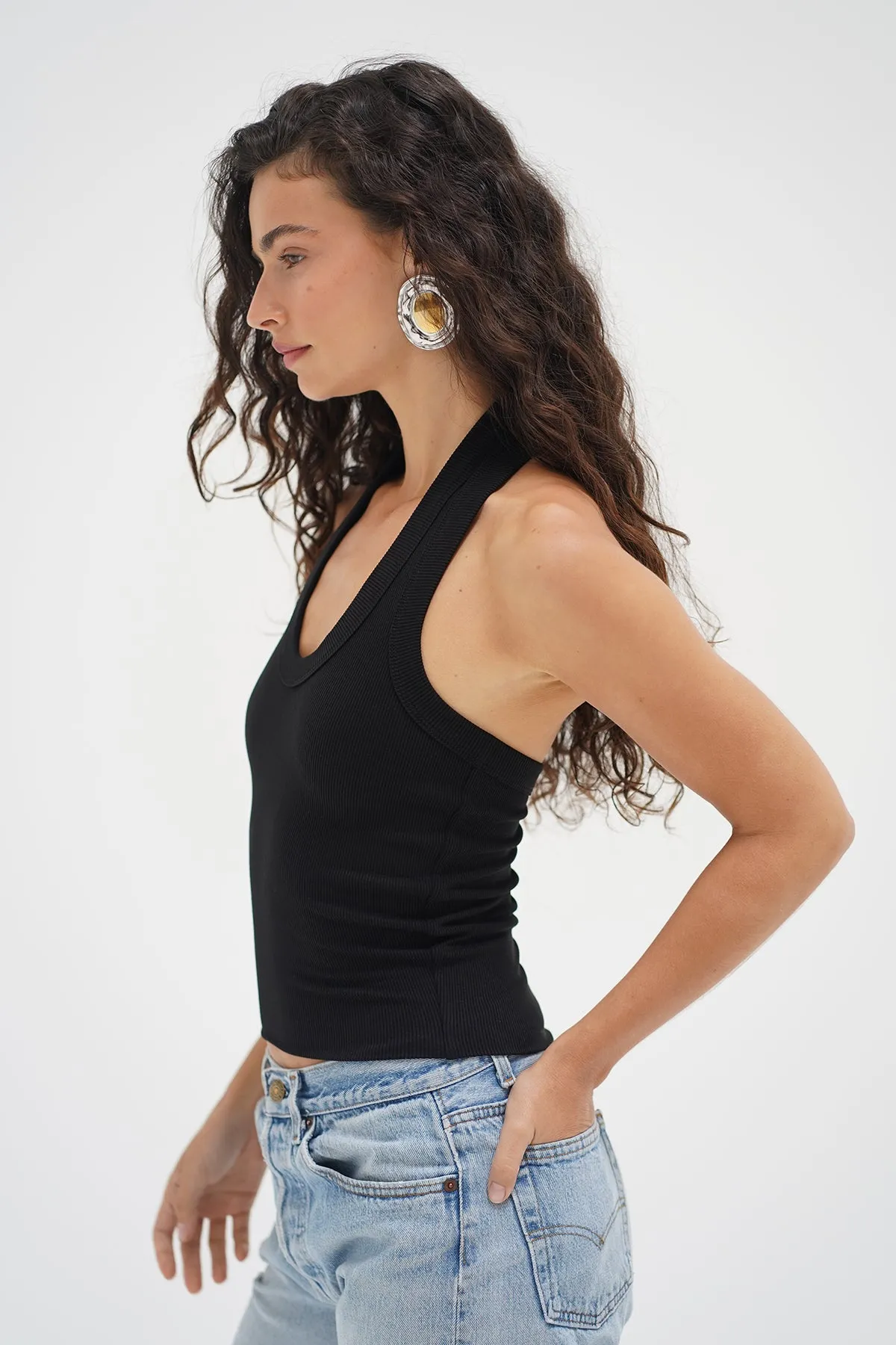 Jules Double Layer Ribbed Halter - Black Airtight Zipper Simple Top
