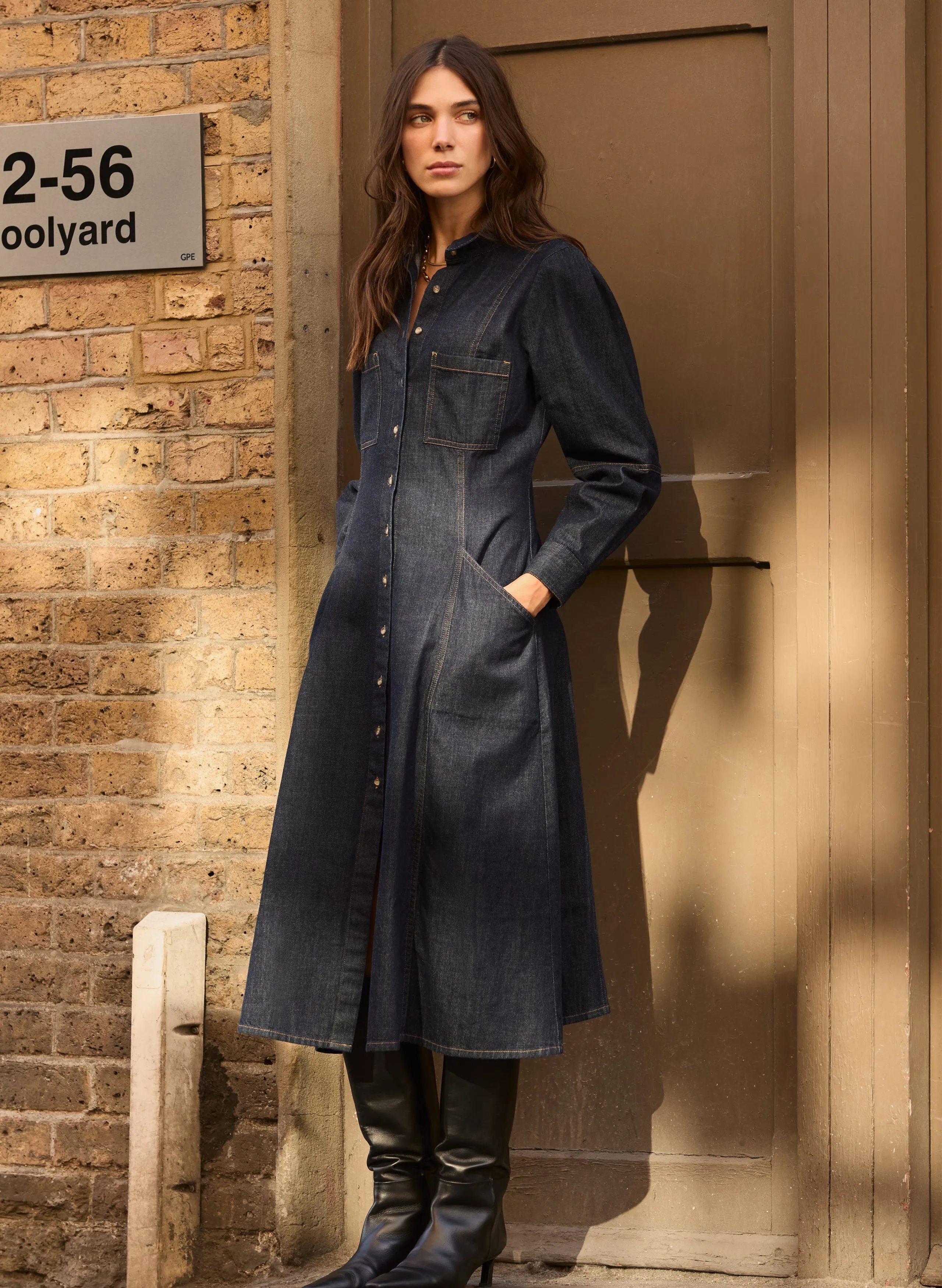 Channing Organic Denim Midi Dress Balanced Shape Waist-Cinching