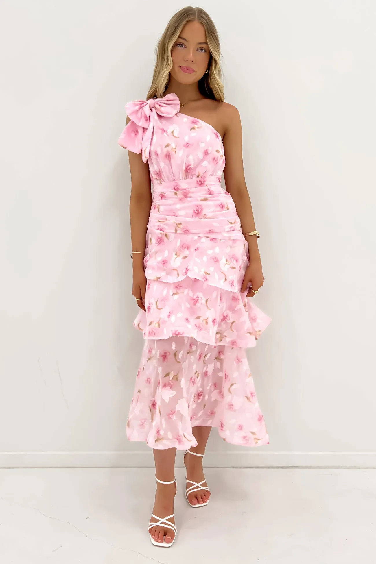 Seema Midi Dress Pink Frolic Flattering Waist Design Vibrant Waist