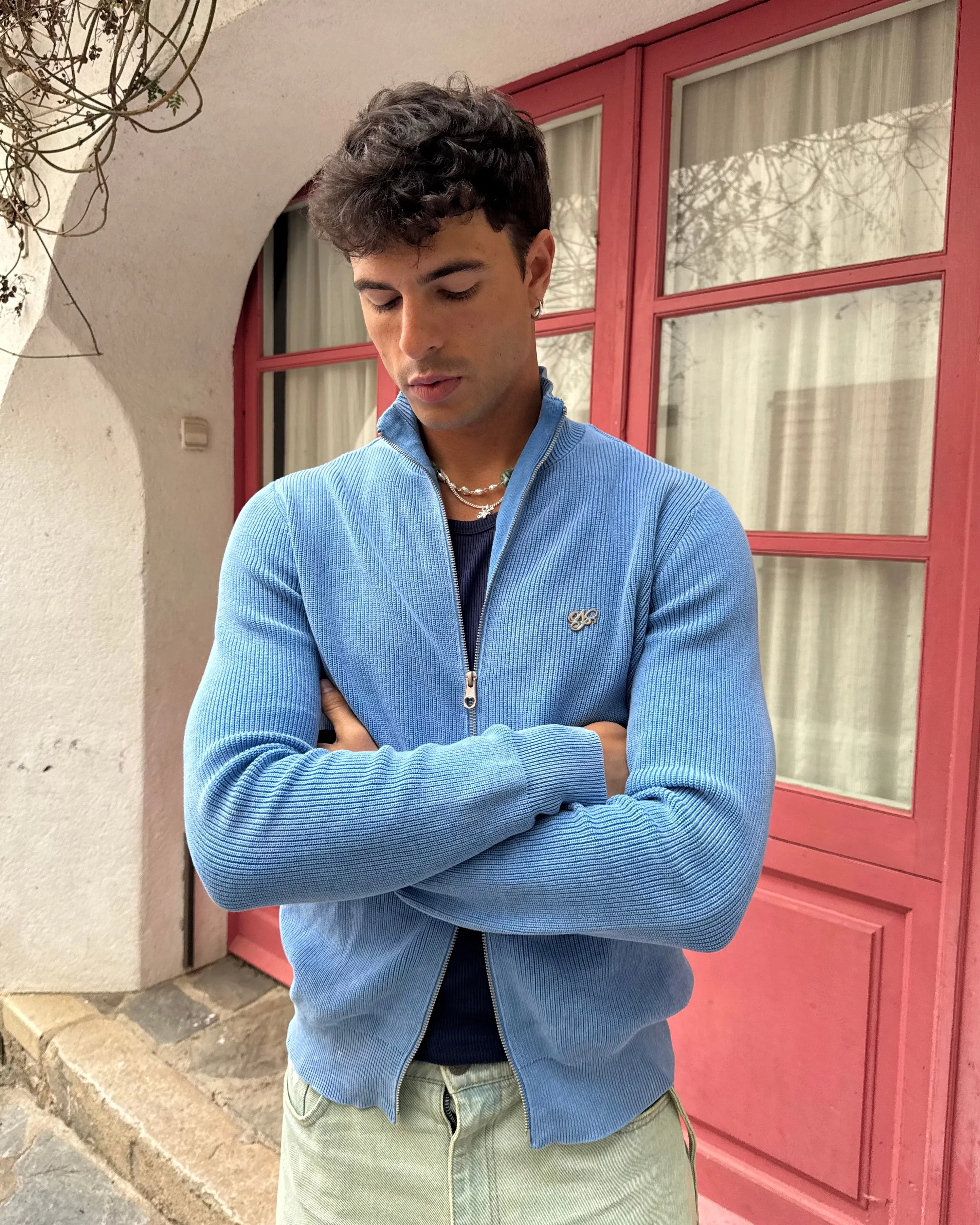 Shady Zip-Up Knit Cardigan Blue Eco Friendly Yarn Drop Shoulder Design