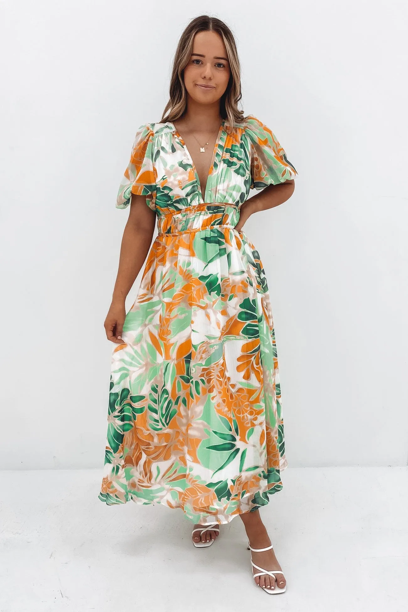 Soft Waist Vintage Style Marcus Midi Dress Green Miami Floral