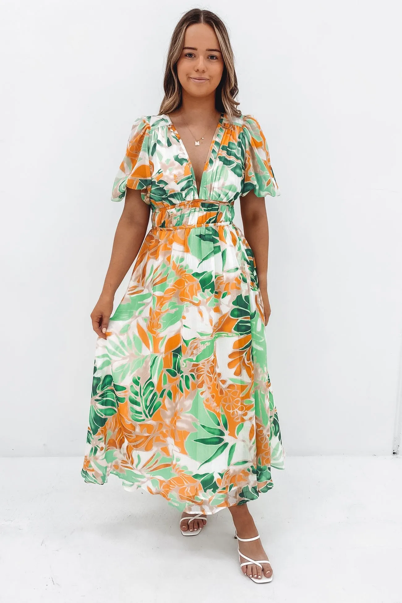 Marcus Midi Dress Green Miami Floral Chic Layering Fluid Cut