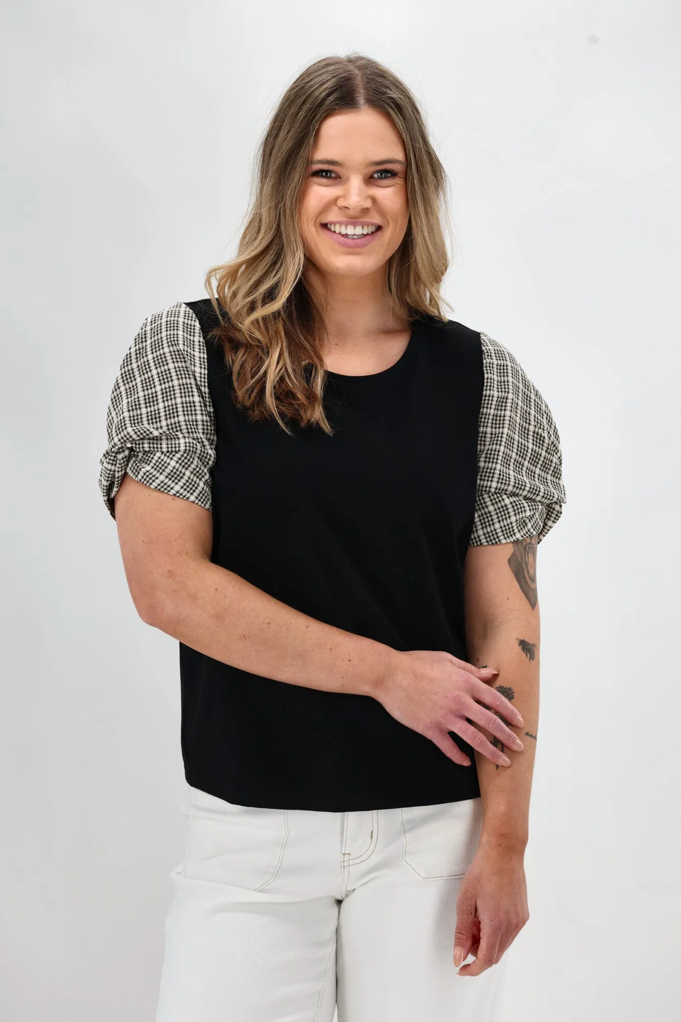 Shine On Label Garan Spliced Knit Tee with Woven Check Sleeve Black Natural Smart Comfort Casual All-Day