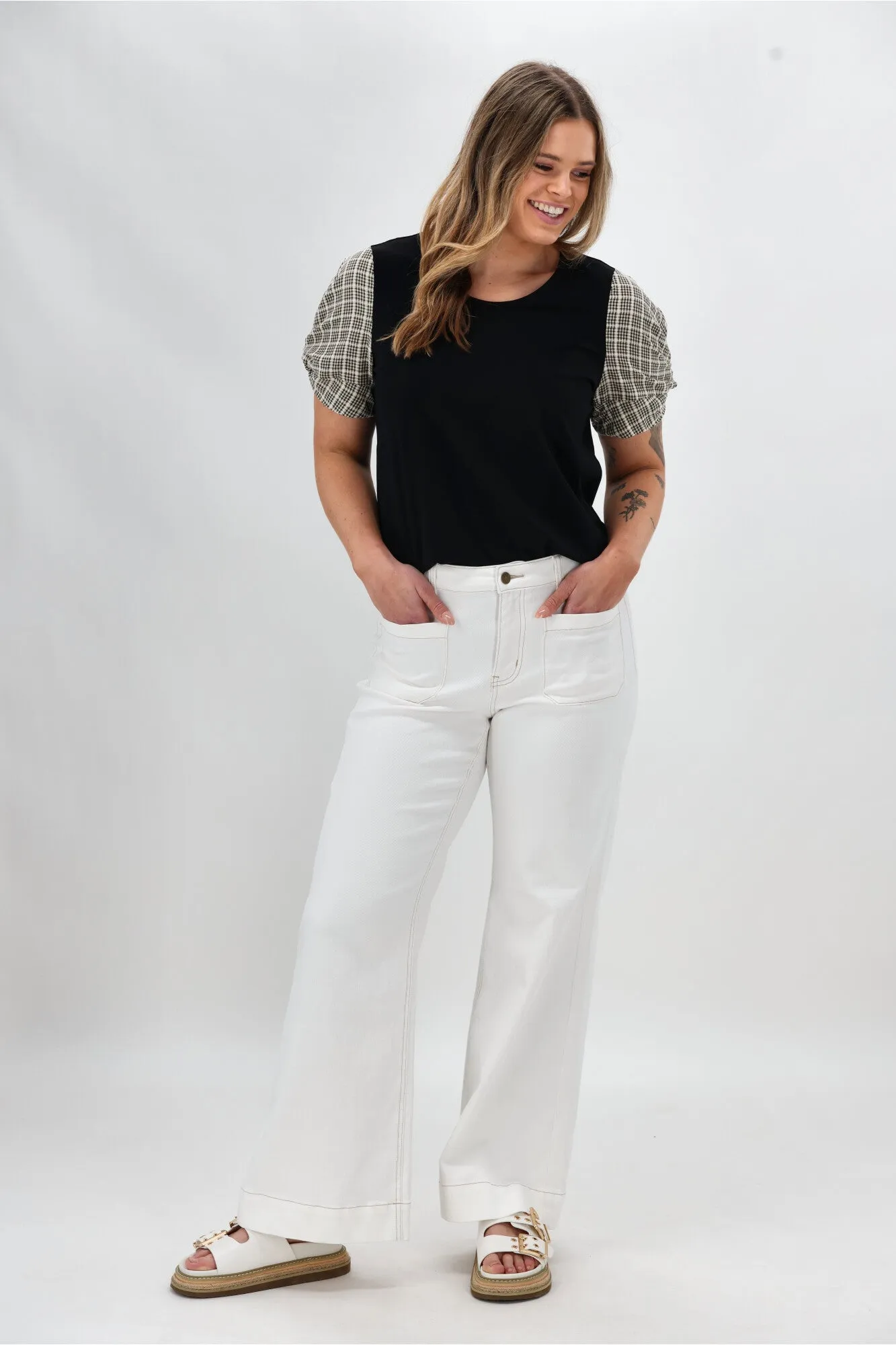 Shine On Label Garan Spliced Knit Tee with Woven Check Sleeve Black Natural Stylish Wear