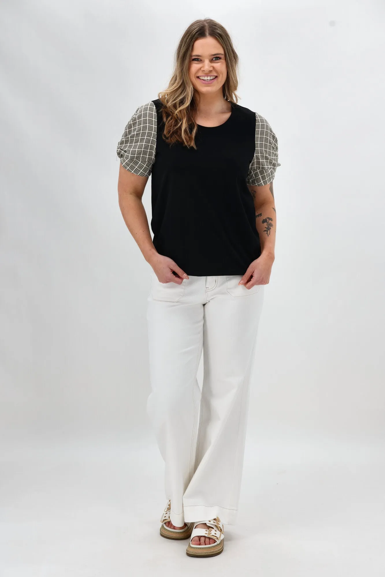 Perfect Style Shine On Label Garan Spliced Knit Tee with Woven Check Sleeve Black Natural