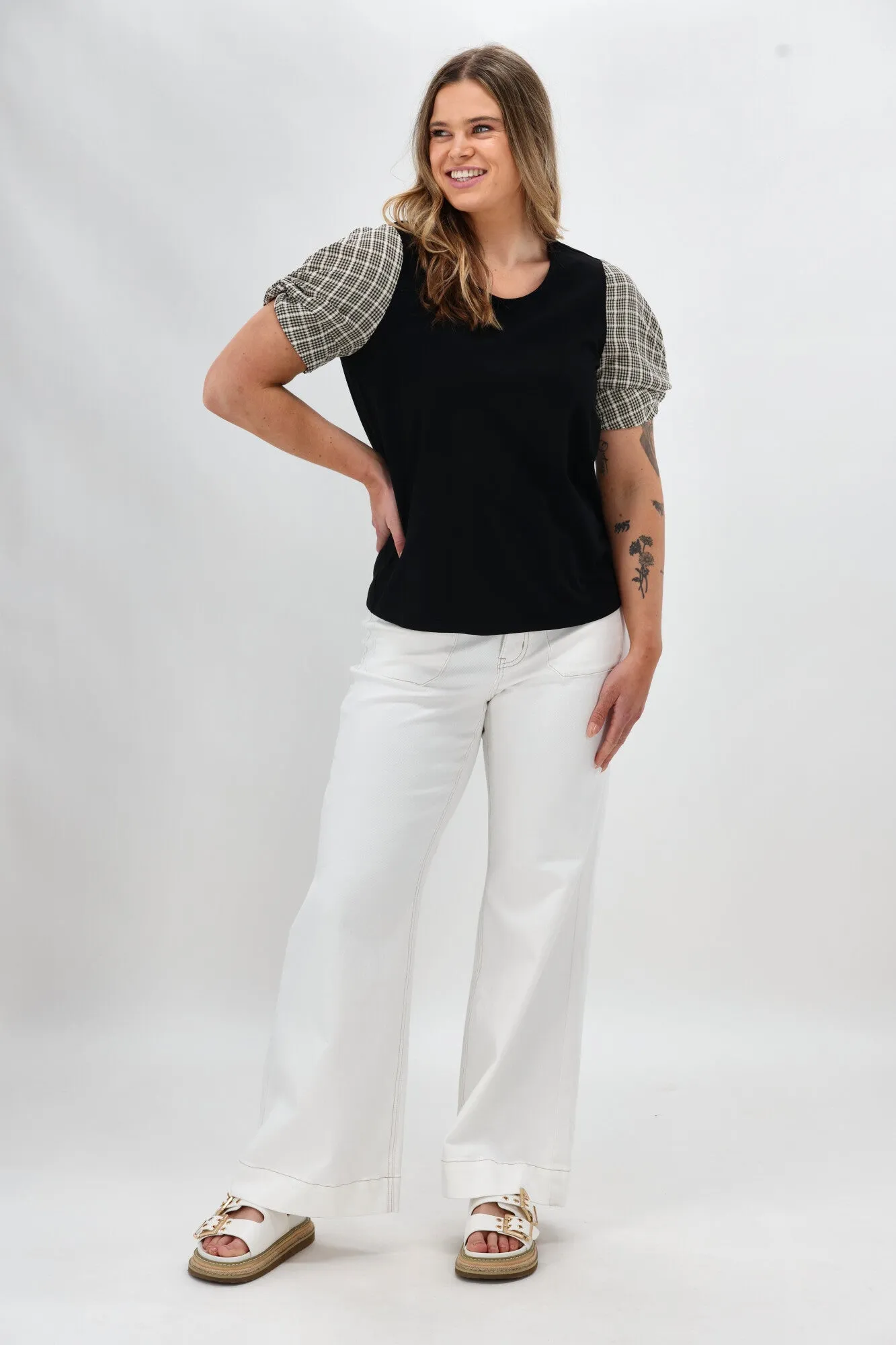 Shine On Label Garan Spliced Knit Tee with Woven Check Sleeve Black Natural Garment Dyed Finish anti static coating