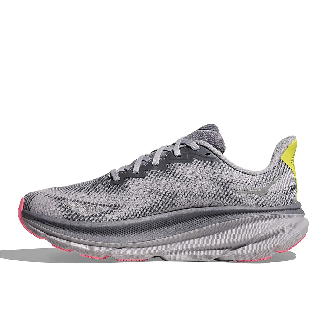 Dynamic Rocker Shape Womens Hoka Clifton 9 GTX in Grey Skies/ Foggy Grey