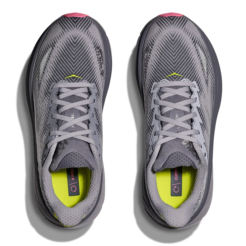 Womens Hoka Clifton 9 GTX in Grey Skies/ Foggy Grey Anti Blister Insole Rebound Enhancing Geometry