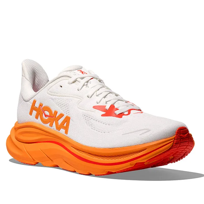 Womens Hoka Clifton 10 in Frost/Orange Zest reflective - elements