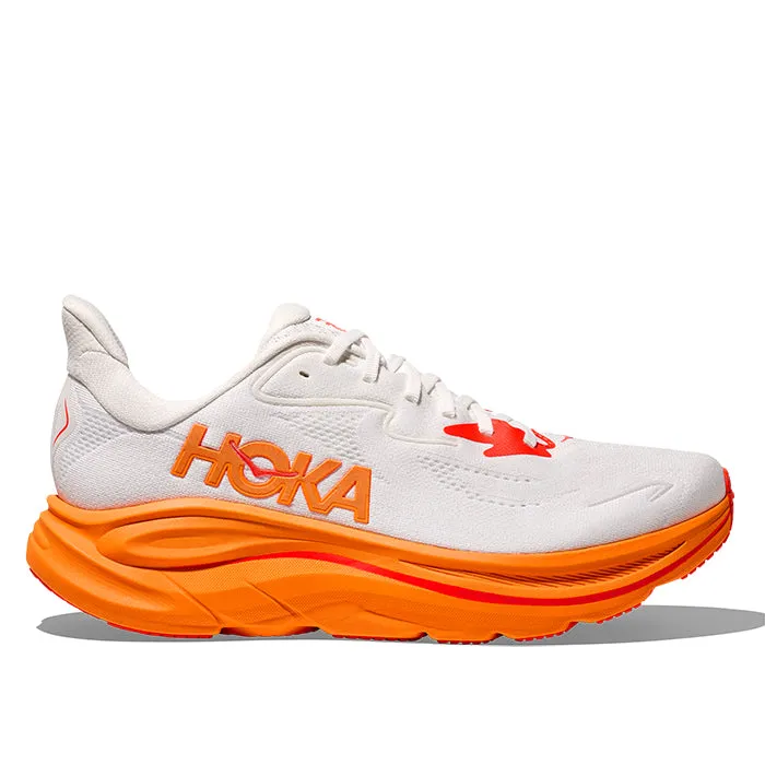 Womens Hoka Clifton 10 in Frost/Orange Zest polyester shoes Abrasion Free Seam Design
