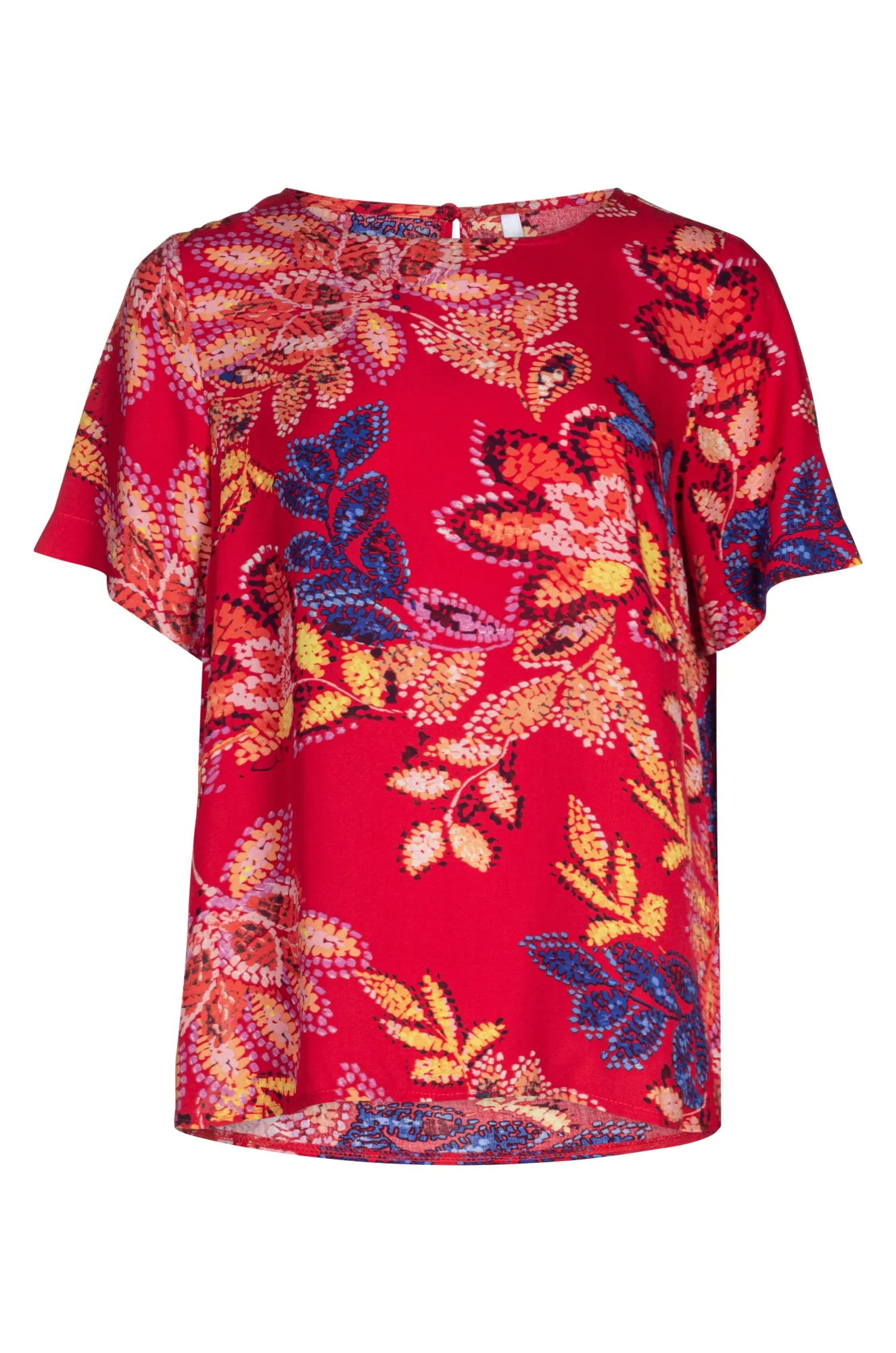 EcoFriendlyMaterial Short sleeve Top with hi low hem | Red Gold Leaf | 3338A1