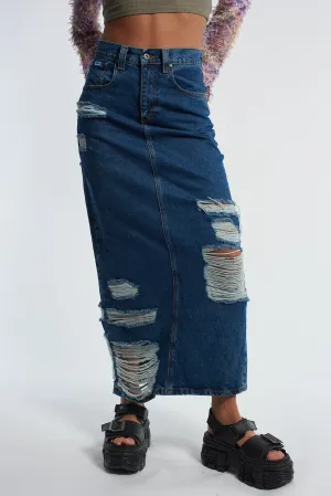 Subtle Details Chic Appeal Shredder Distressed Denim Maxi Skirt