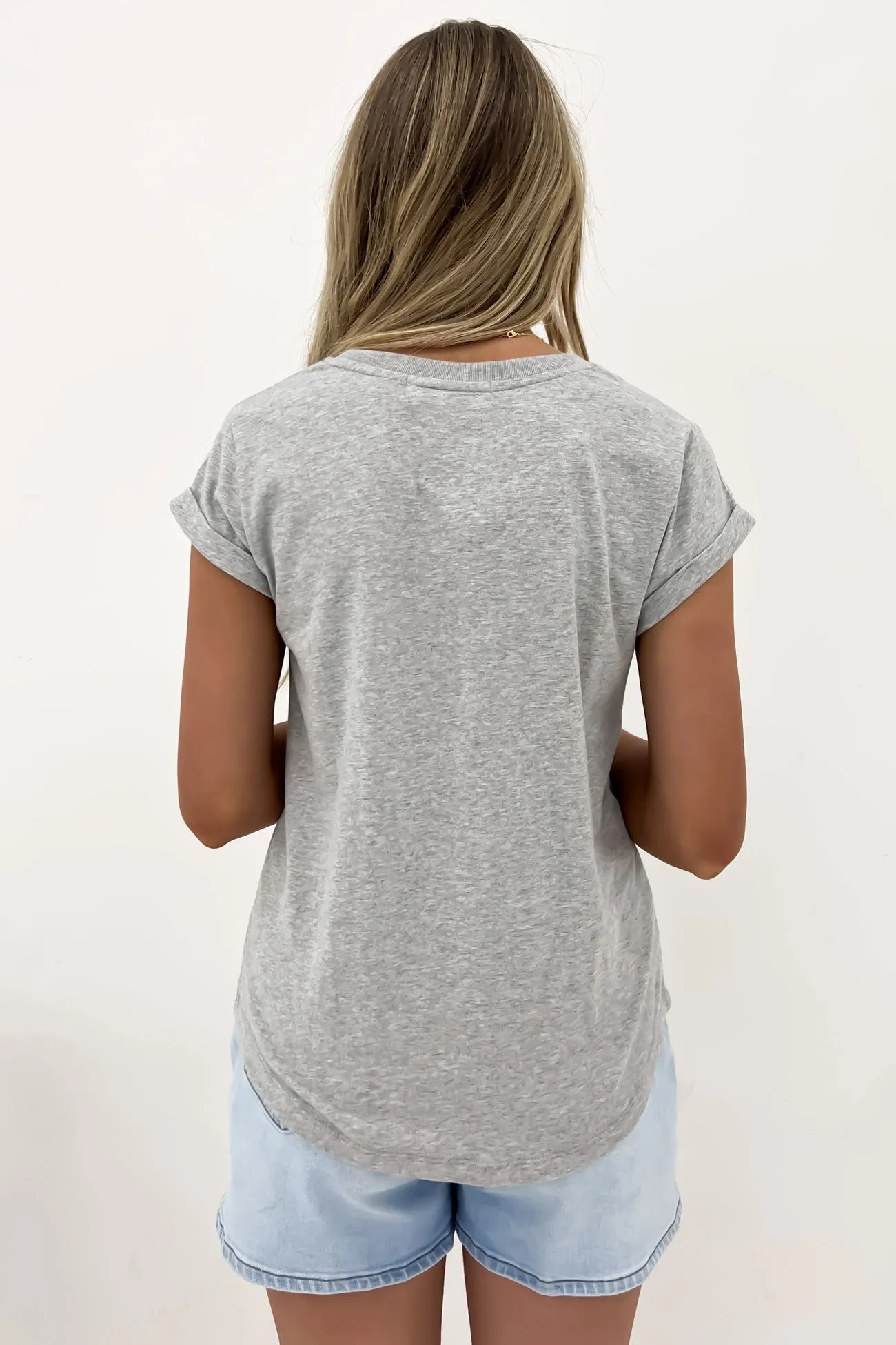 Durable Ribbed Hem Basic Layering Signature Tee Grey Marle