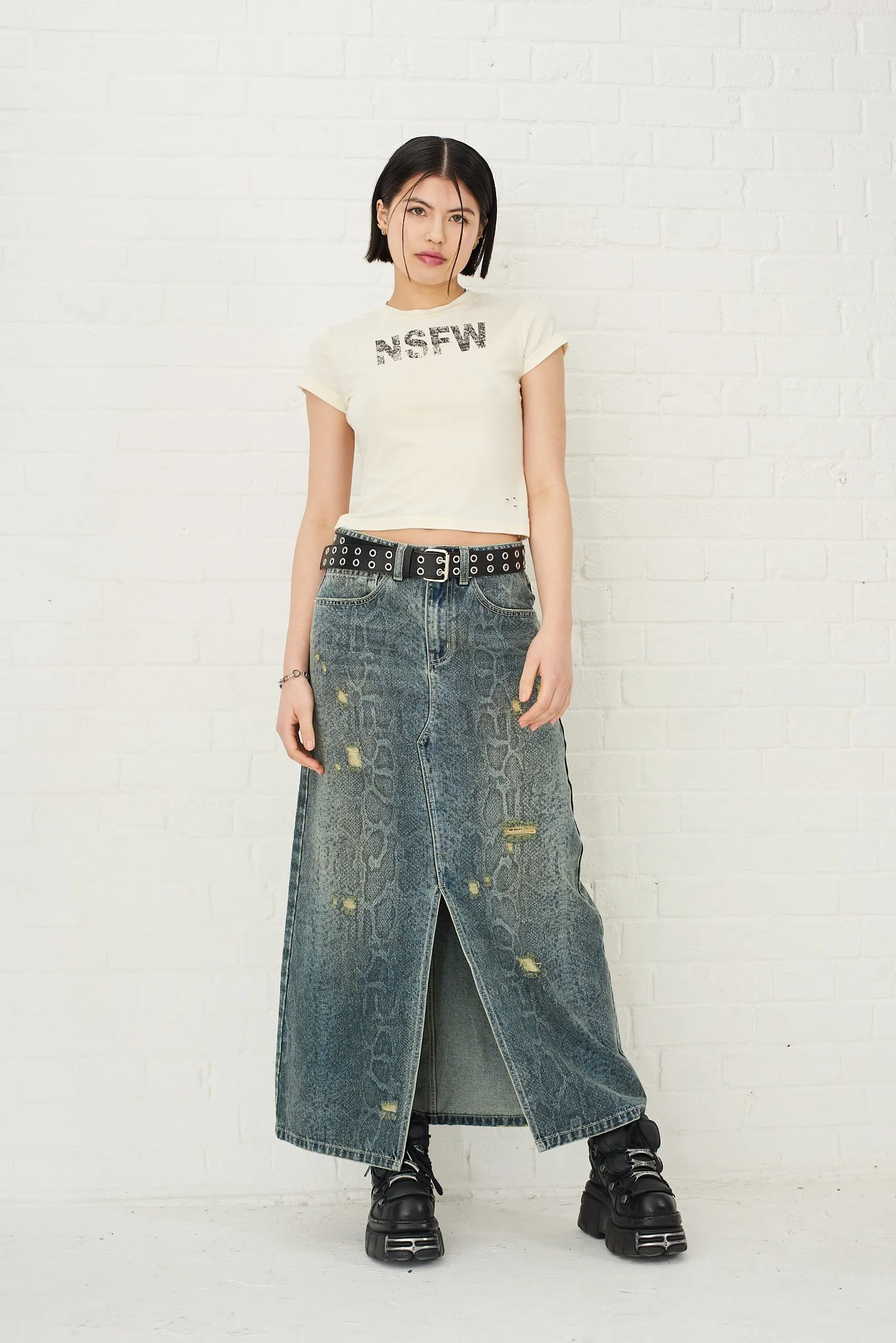 Skin Snakeskin Print Denim Maxi Skirt Outfit Flow Hemp Blend