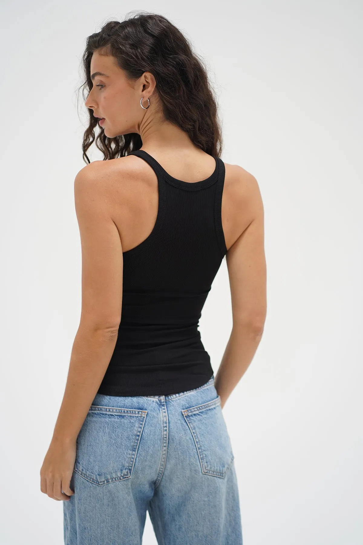 Cozy Wrap Skinny Racer Ribbed Tank - Black