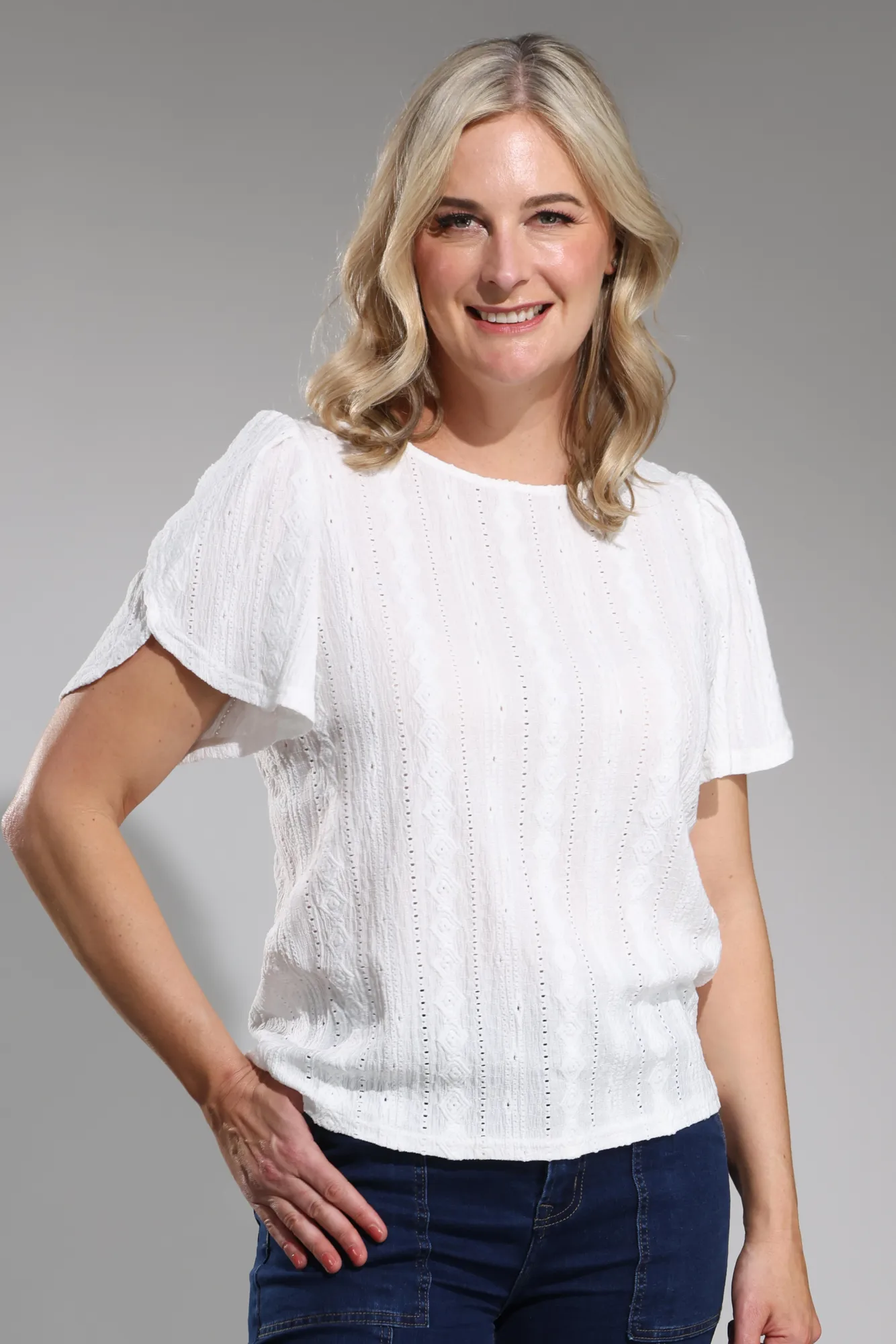 Jacquard Stretch Tulip sleeve Top | WHITE | 4622A1 Quiet Luxury Gloss Glow
