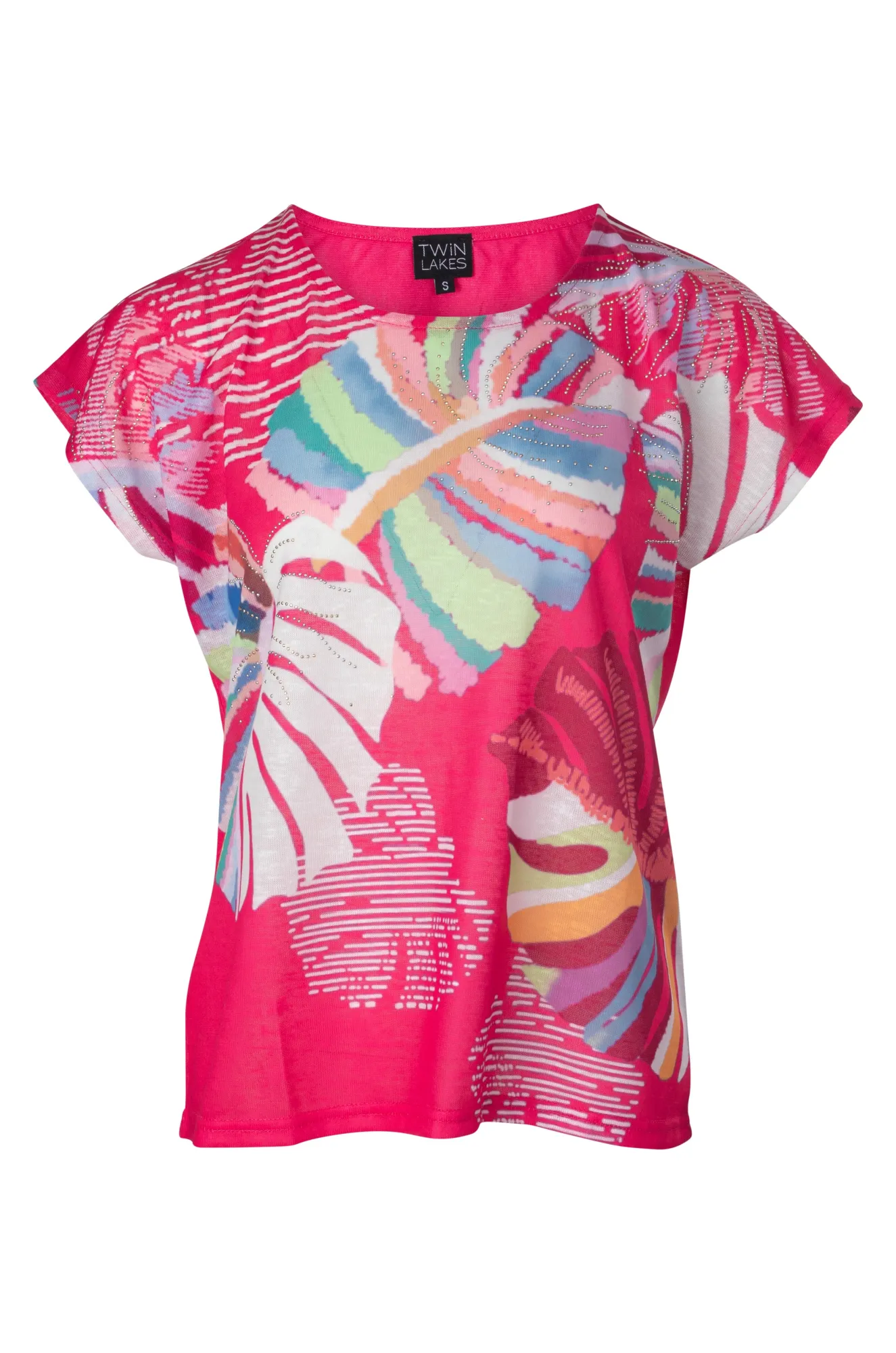 WaterRepellent Finish Casual Polo Slub Top with diamante detail | Cerise Palms | 6796A1