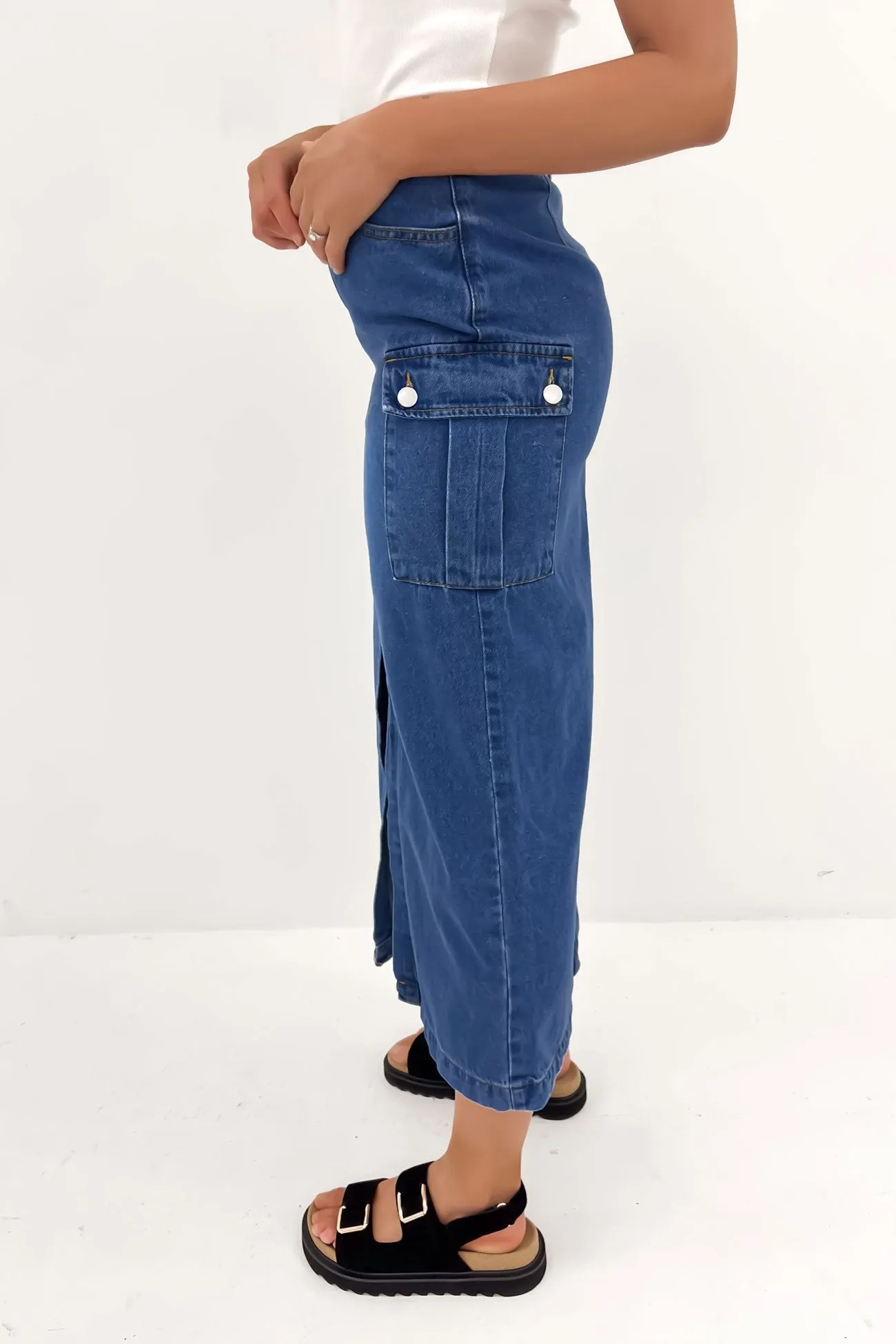 Citra Cargo Denim Midi Skirt Blue Inverted Pleats