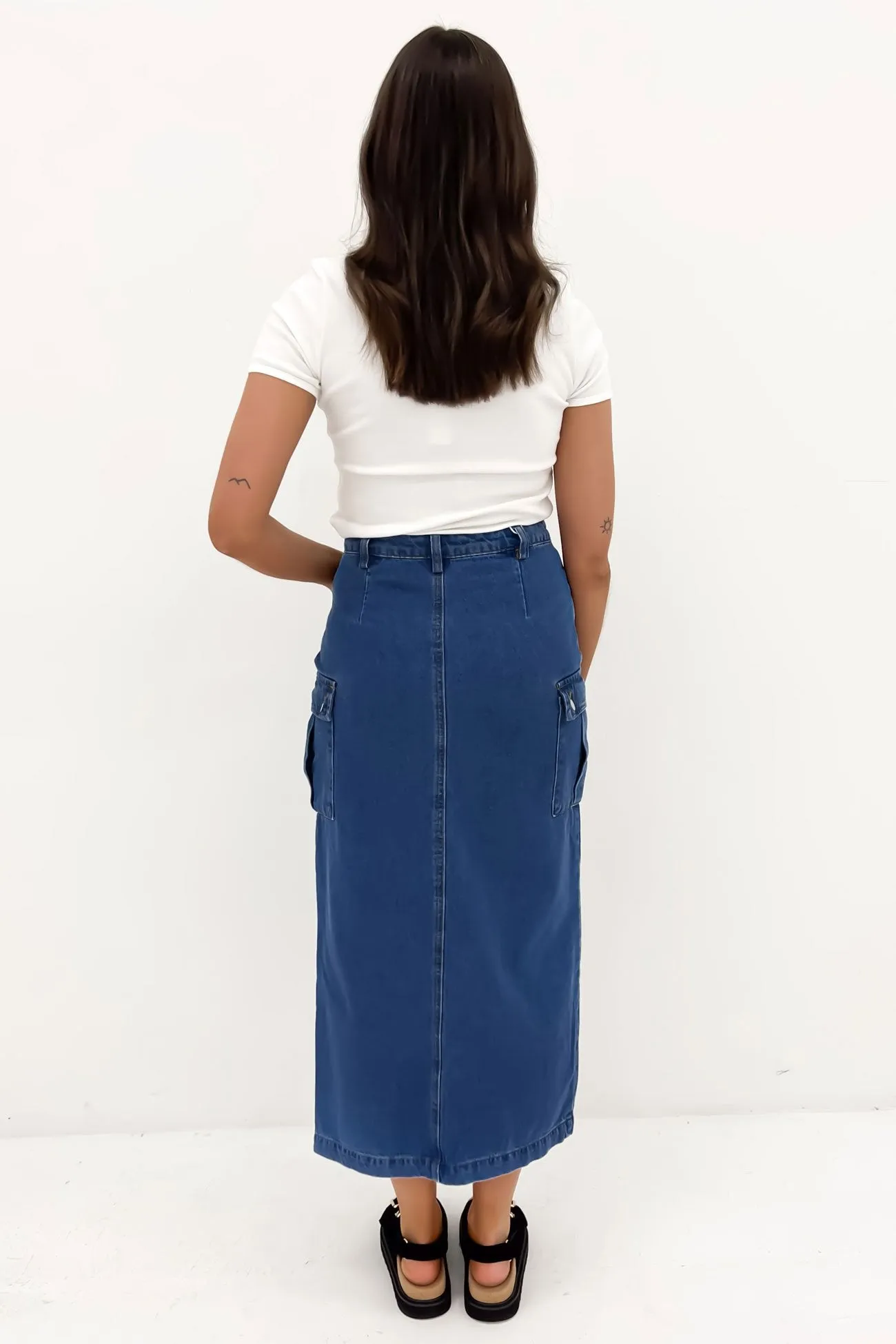 Citra Cargo Denim Midi Skirt Blue Functional Fashion Flexible Motion