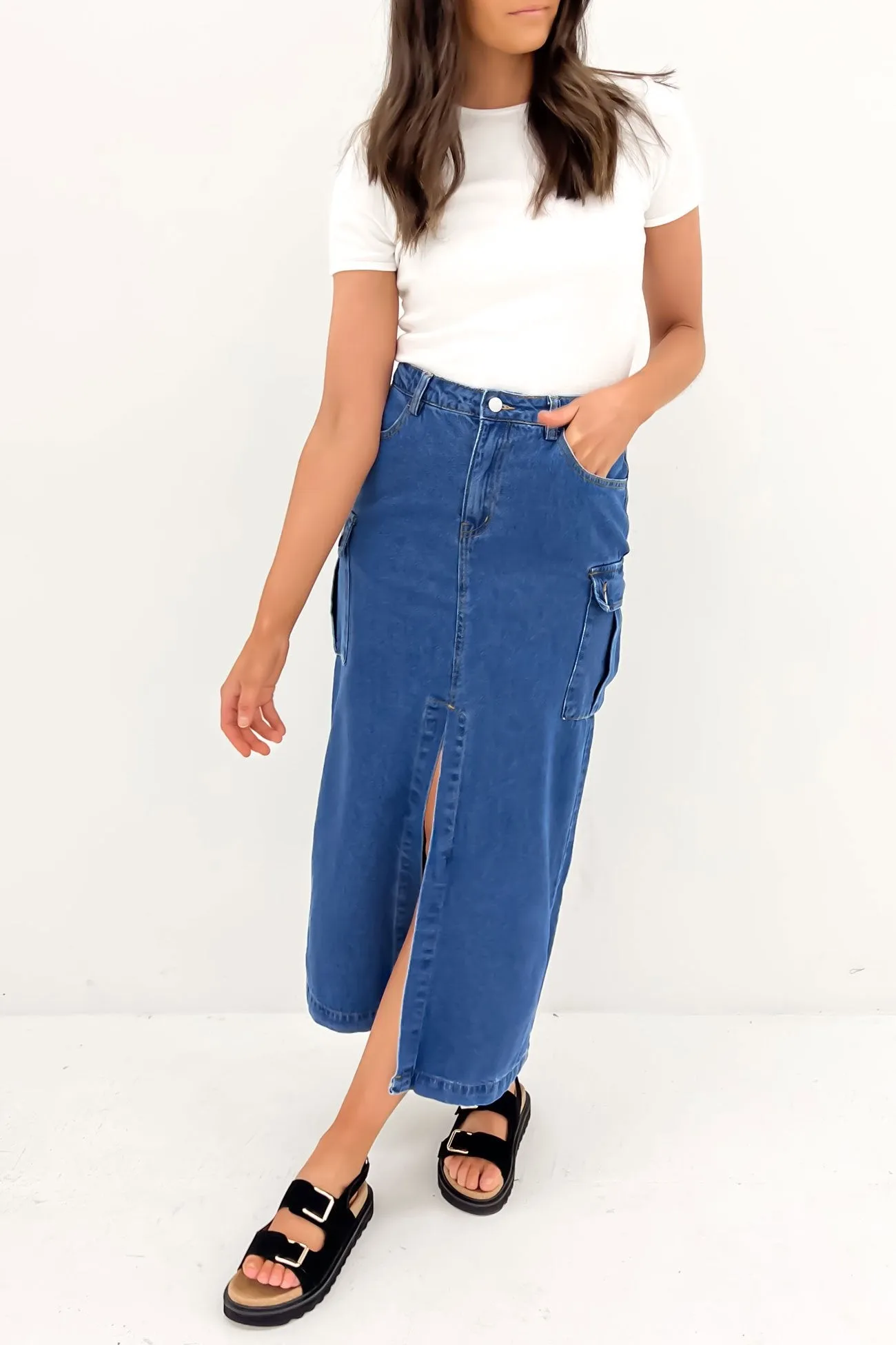 High Rise Citra Cargo Denim Midi Skirt Blue