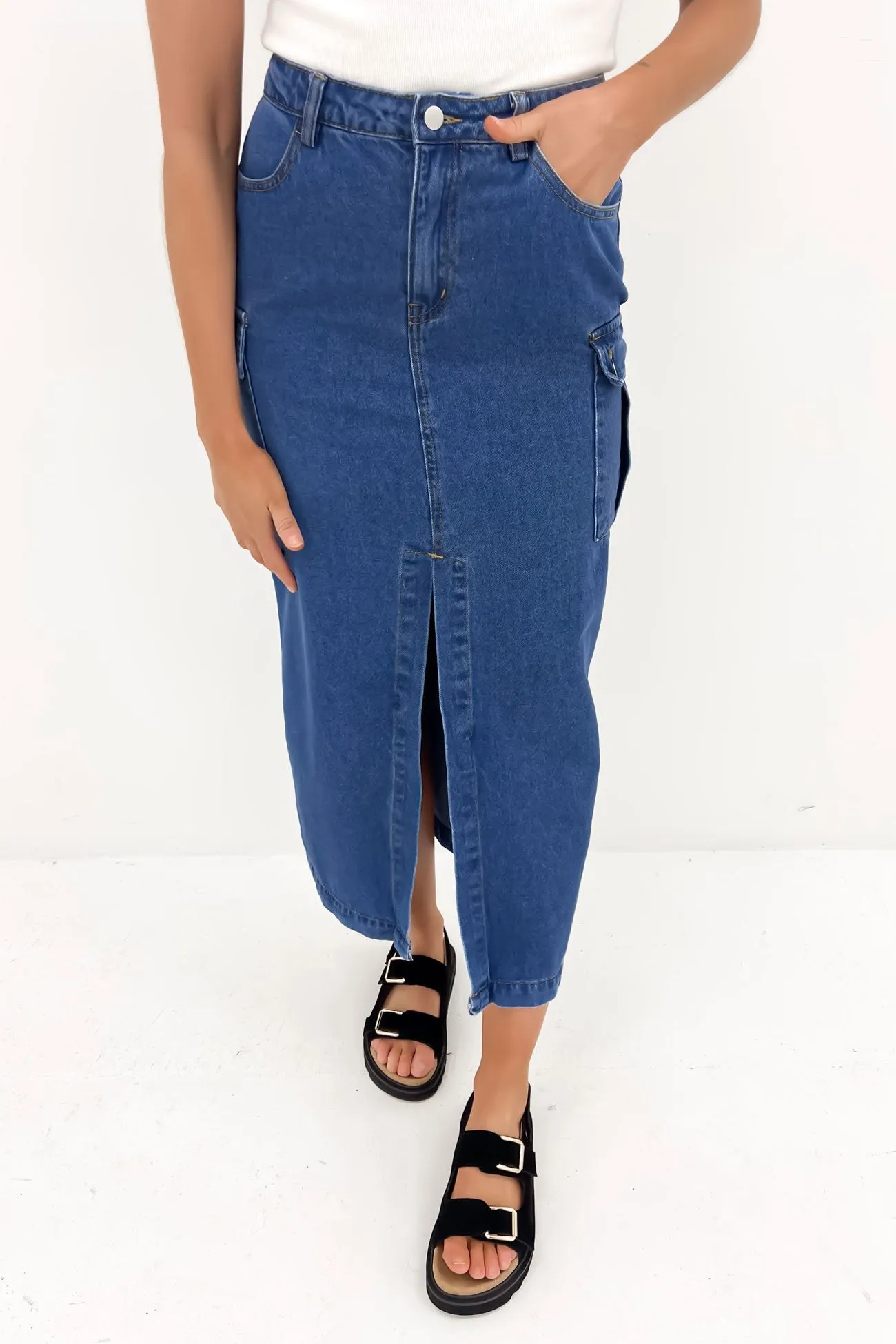 Easy Fit Citra Cargo Denim Midi Skirt Blue