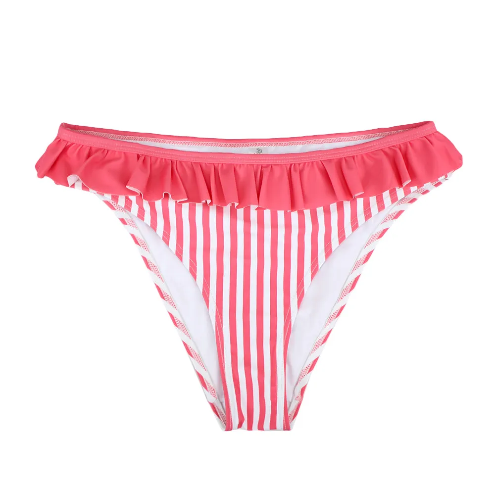 Women's Ruffle Hem Striped Bikini Bottom,Pink AntiStaticLining