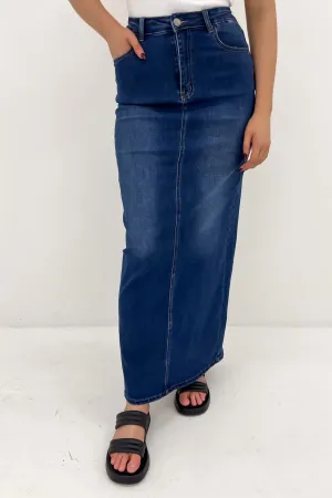 Twist Knot Details Striped Design Ana Denim Maxi Skirt Dark Blue