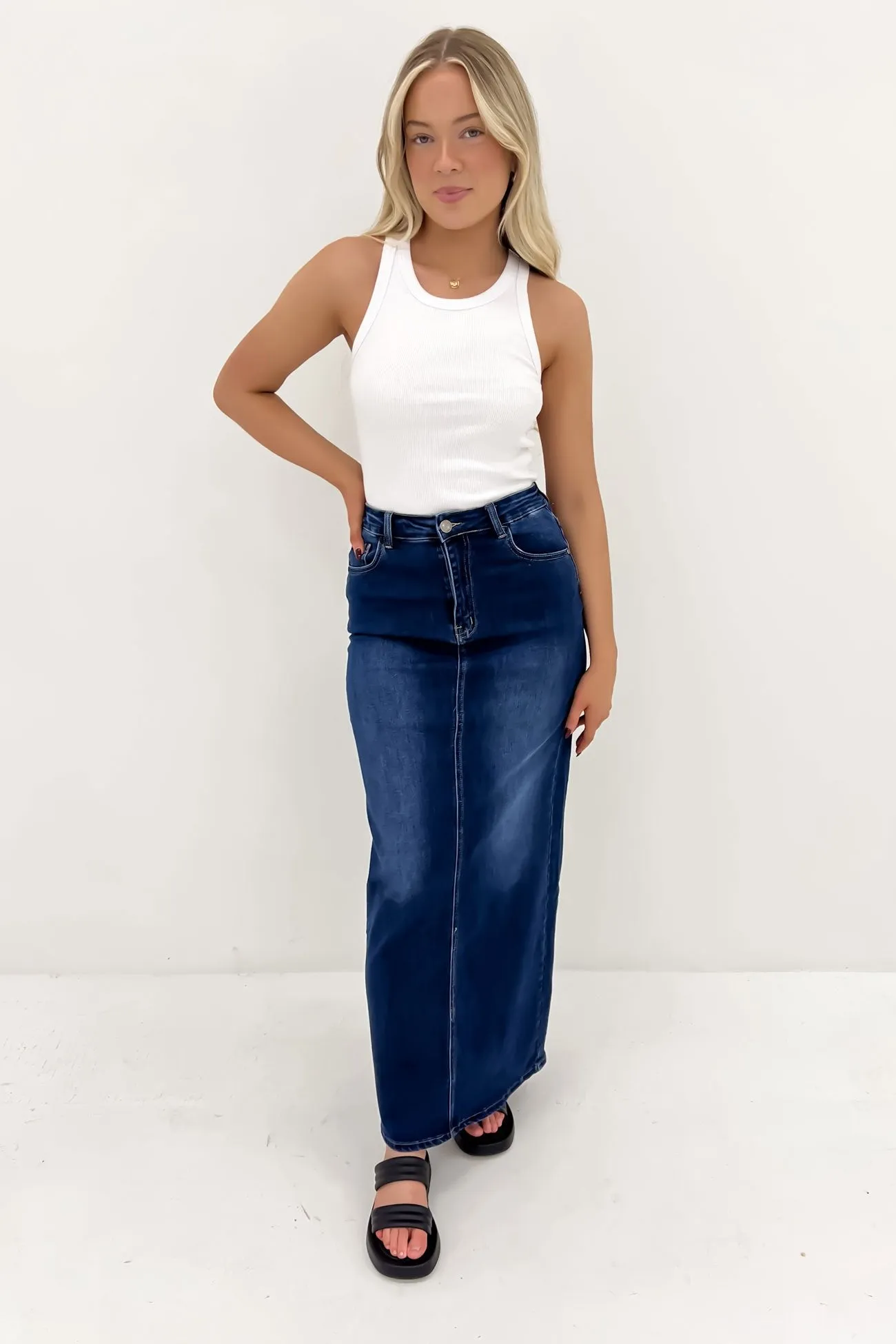 Monochrome Outfit Ana Denim Maxi Skirt Dark Blue