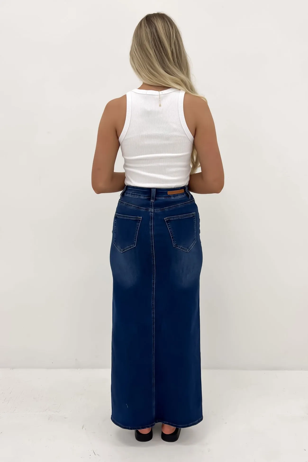 Pleated design Light Comfort Ana Denim Maxi Skirt Dark Blue
