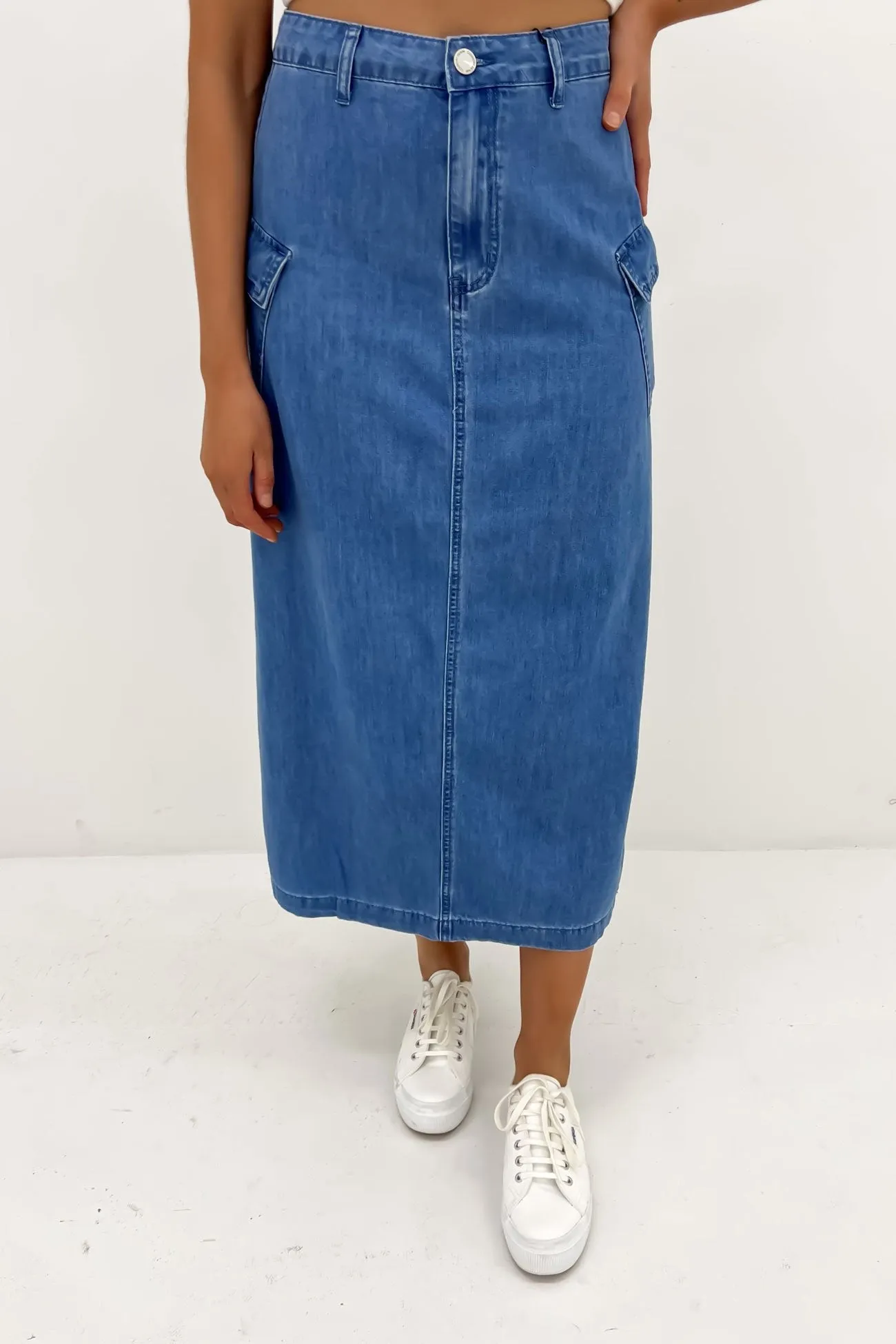 Mid Rise Loren Cargo Midi Skirt Mid Blue