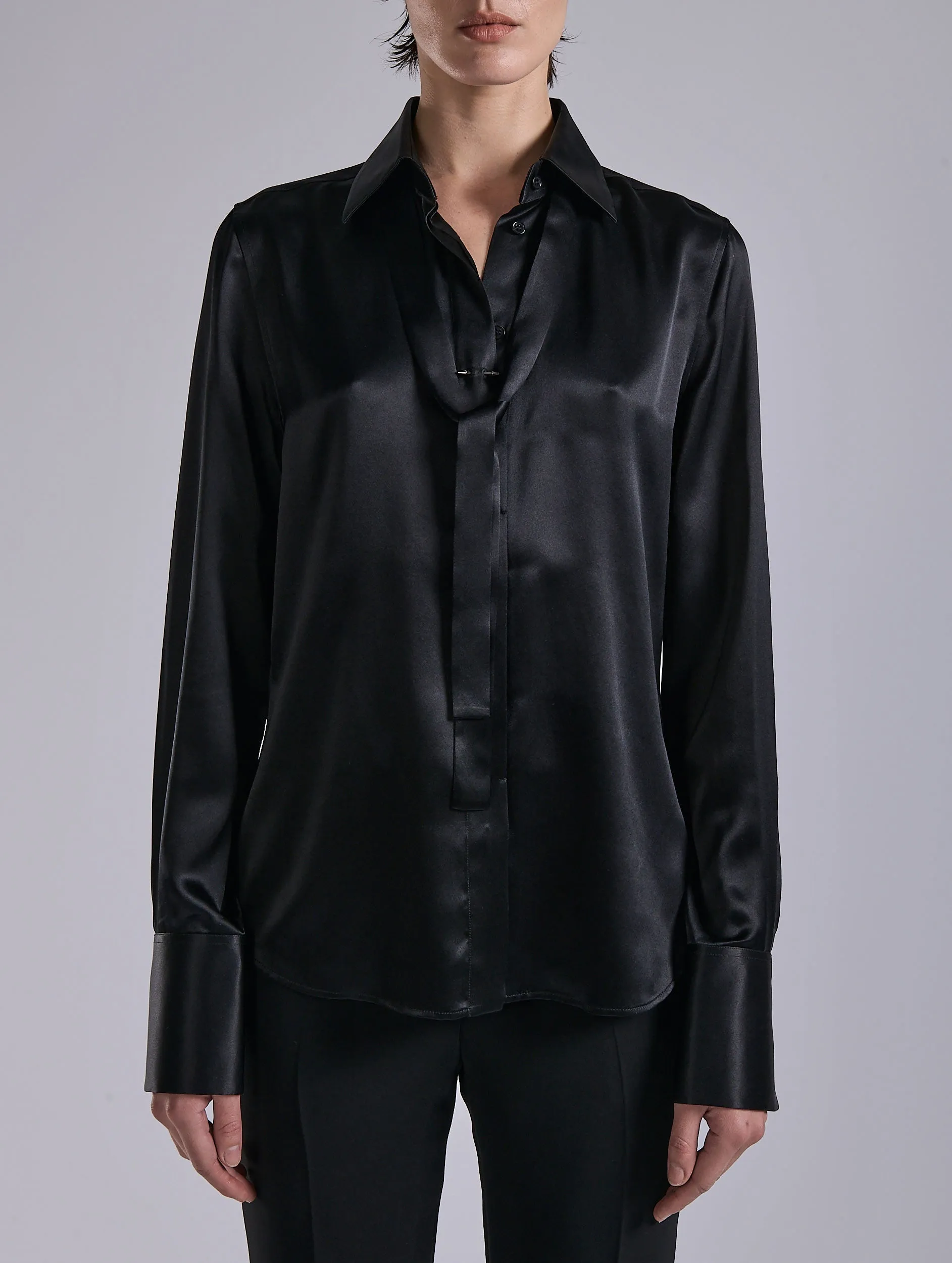 SkinFriendlyFibers Black silk satin lavalli??re shirt