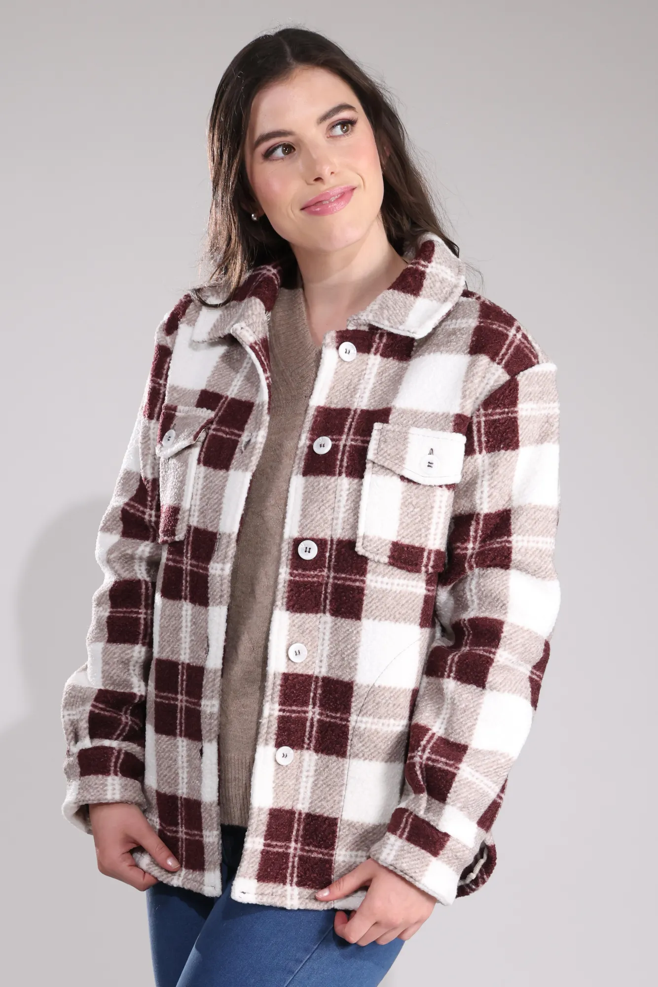 Clean Fit Design Soft Boucle Check Jacket | Grey Pink Combo | 3511B1