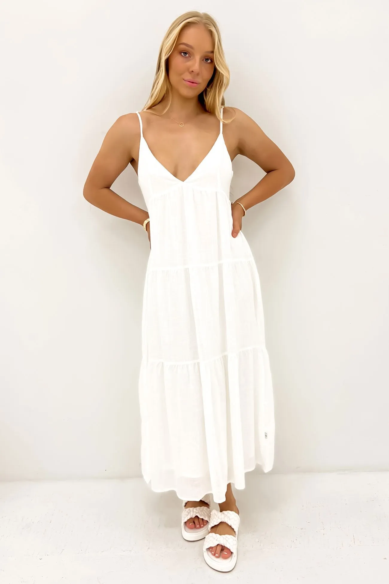 Snag-Resistant Classic Tiered Midi Dress White