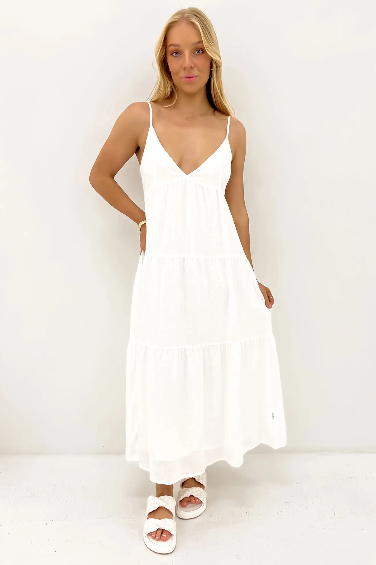 Textured Flow Classic Tiered Midi Dress White