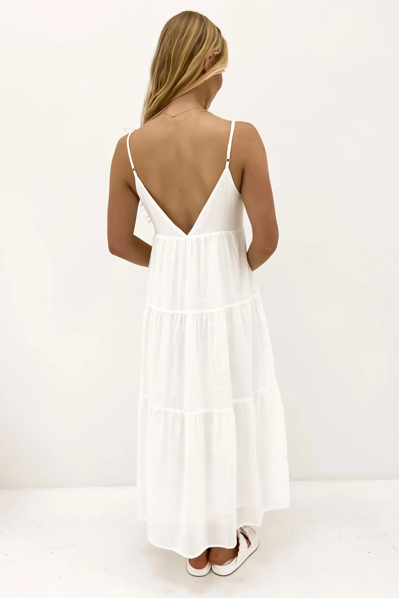Classic Tiered Midi Dress White Natural Style