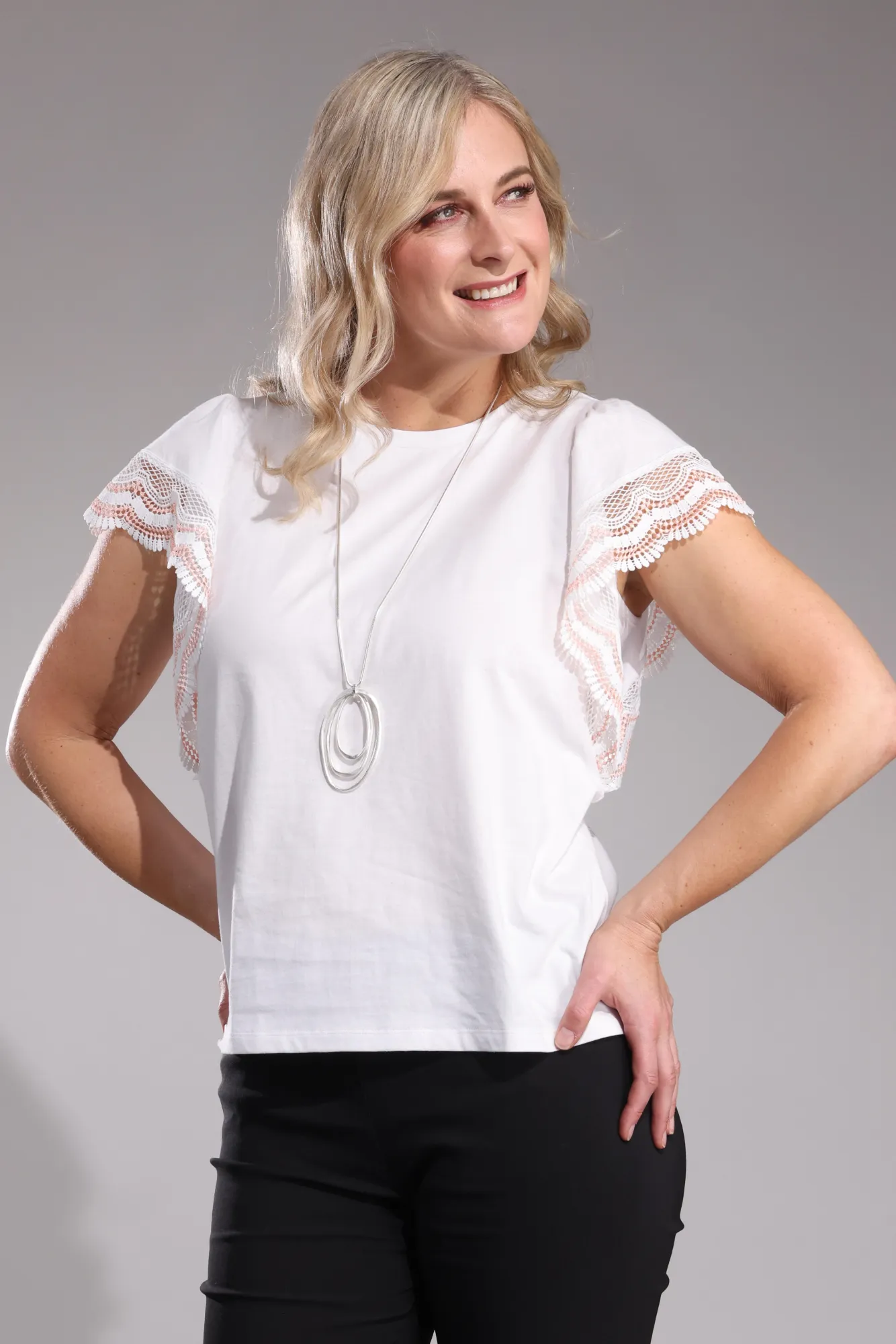 Timeless Skirt Tribal Soul Cotton Top with lace flutter sleeve | IVORY | 4522A1