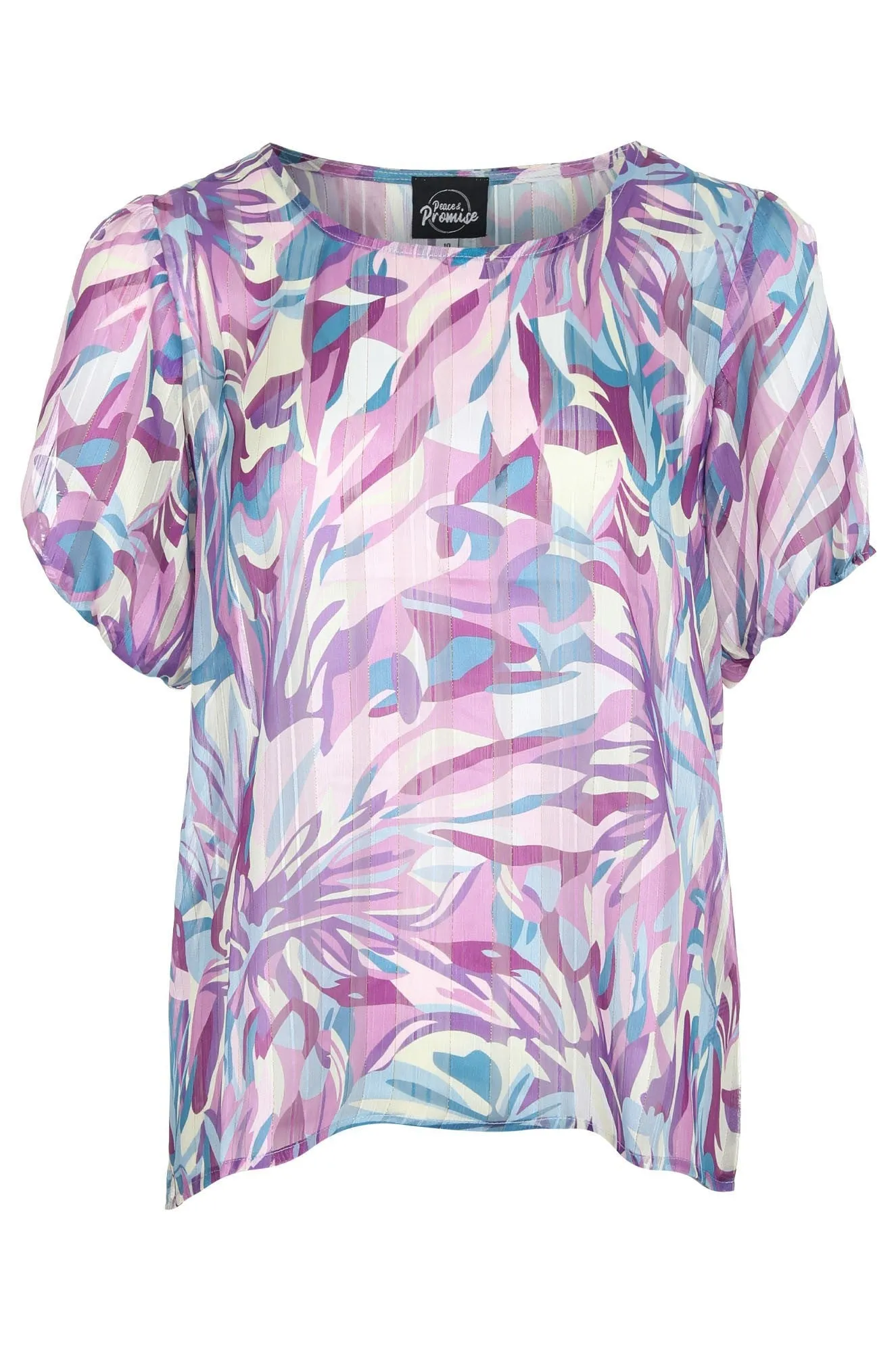 TagFreeDesign Smooth Edge Binding Printed Ribbon Chiffon Top | Lilac Pink Abstract | 7121C1