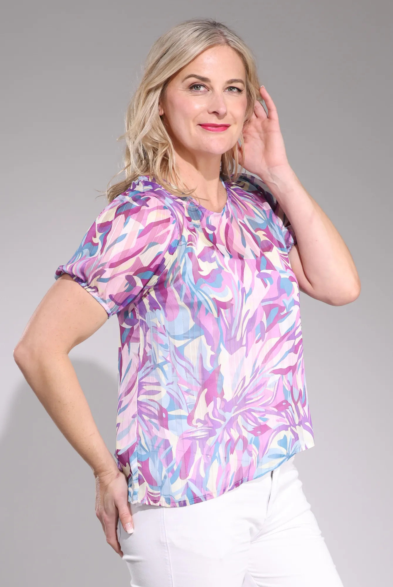 Printed Ribbon Chiffon Top | Lilac Pink Abstract | 7121C1 Clean Cut CompressionFreeCuffs