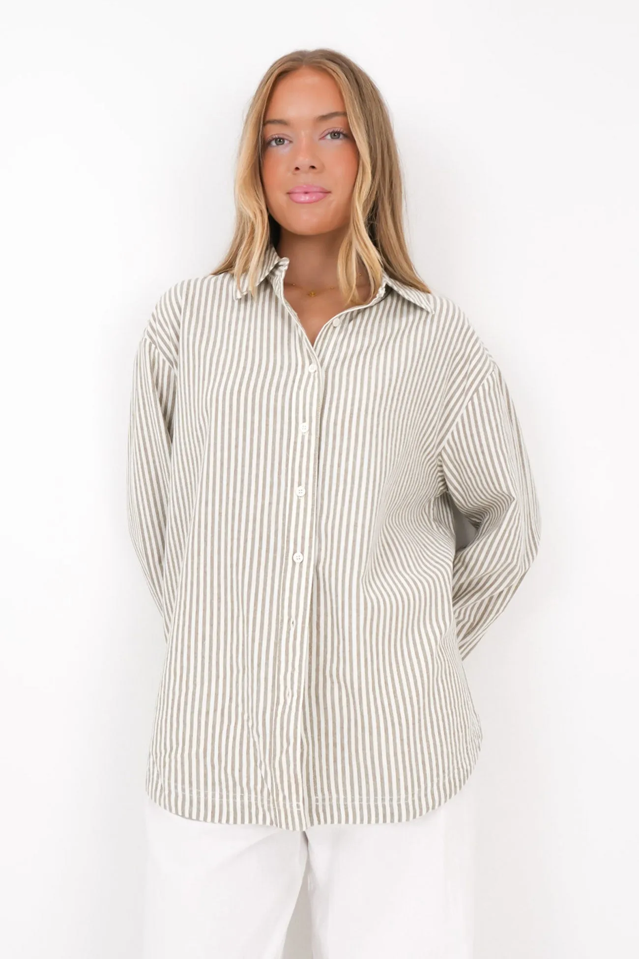 Cozy Waistband Valley Stripe Oversized Shirt Ivy