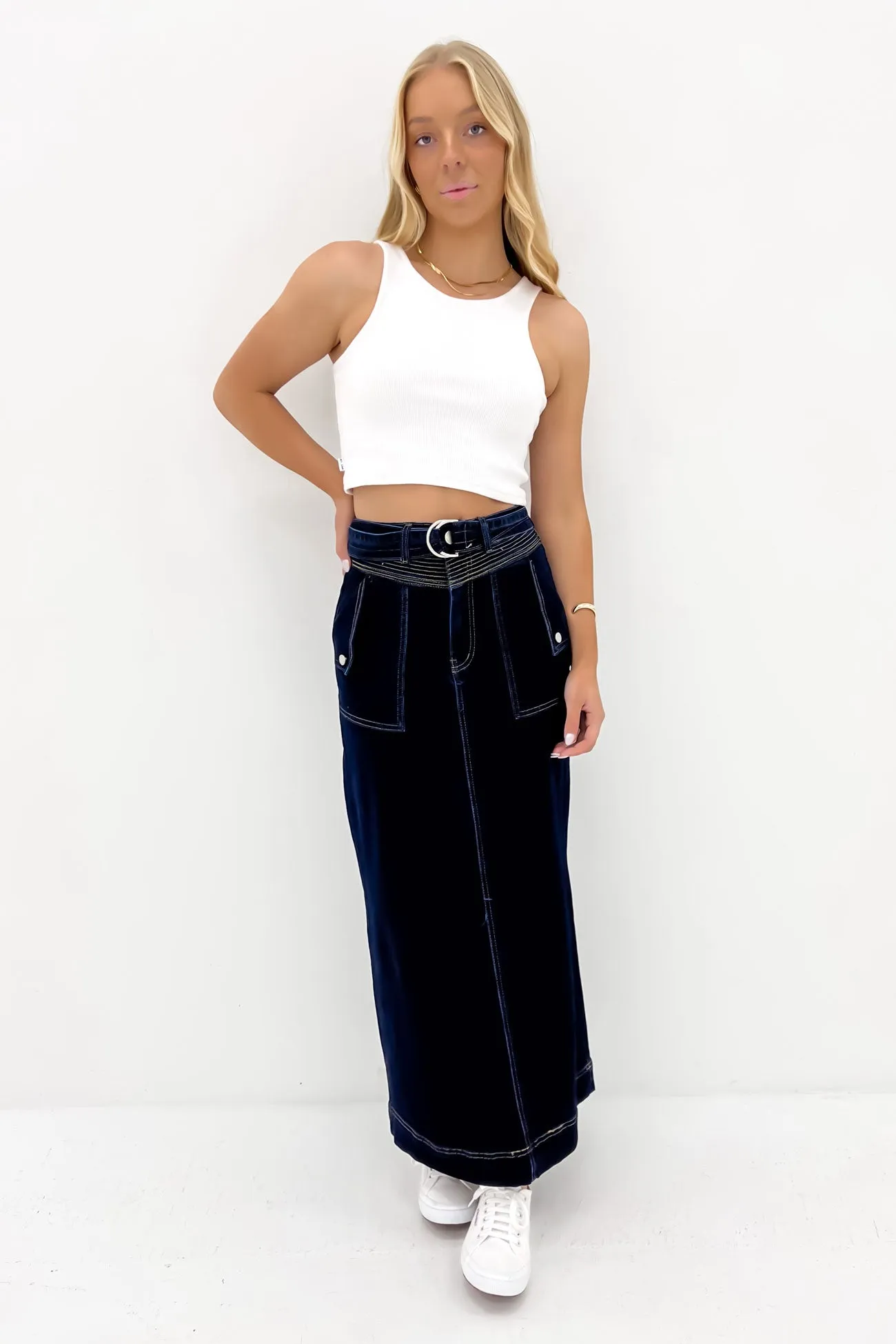 Airy Look Sonya Denim Midi Skirt Dark Blue