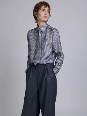 Grey and white striped silk twill shirt Breathable apparel Sporty Comfort Wear