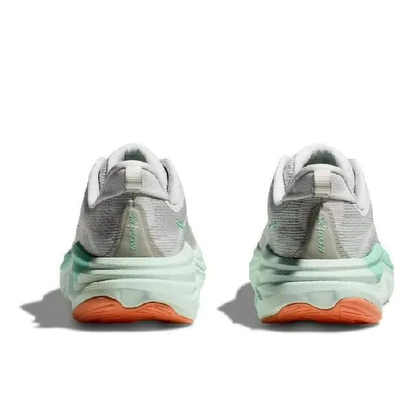Womens Hoka Skyflow in Cosmic Grey/Seafoam running in a basketball court area shoes Ultra Rebound Foam