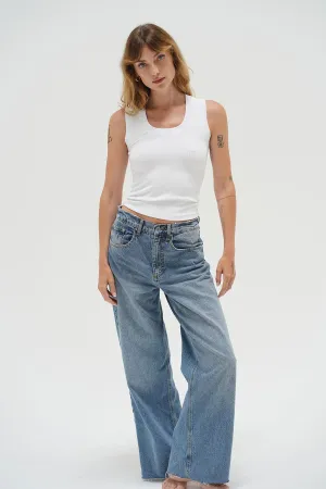 Glitter Fit Deep U Ribbed Tank - White